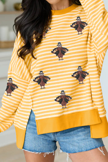 Khaki Stripe Thanksgiving Sequin Turkey Uneven Hem Pullover Top with Slits