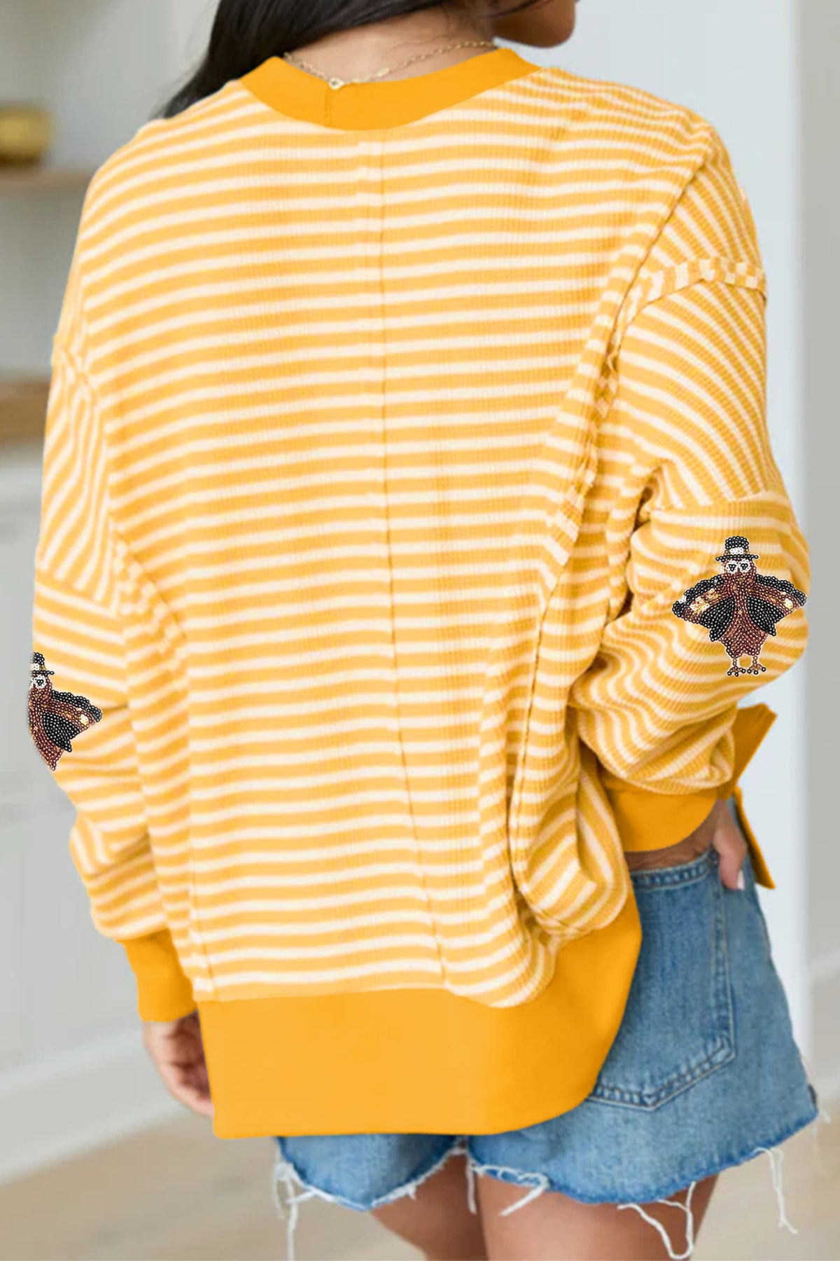 Khaki Stripe Thanksgiving Sequin Turkey Uneven Hem Pullover Top with Slits