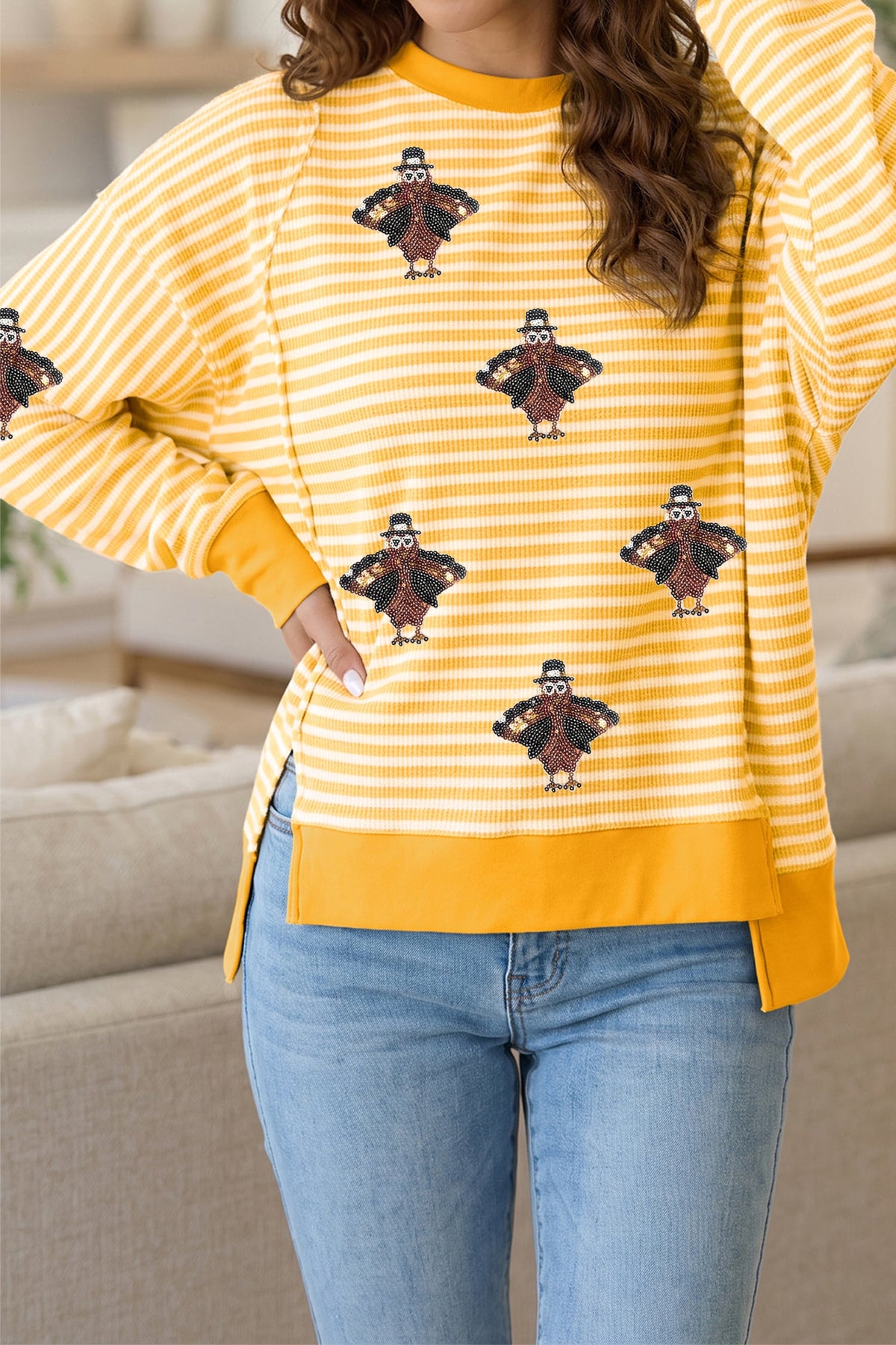 Khaki Stripe Thanksgiving Sequin Turkey Uneven Hem Pullover Top with Slits