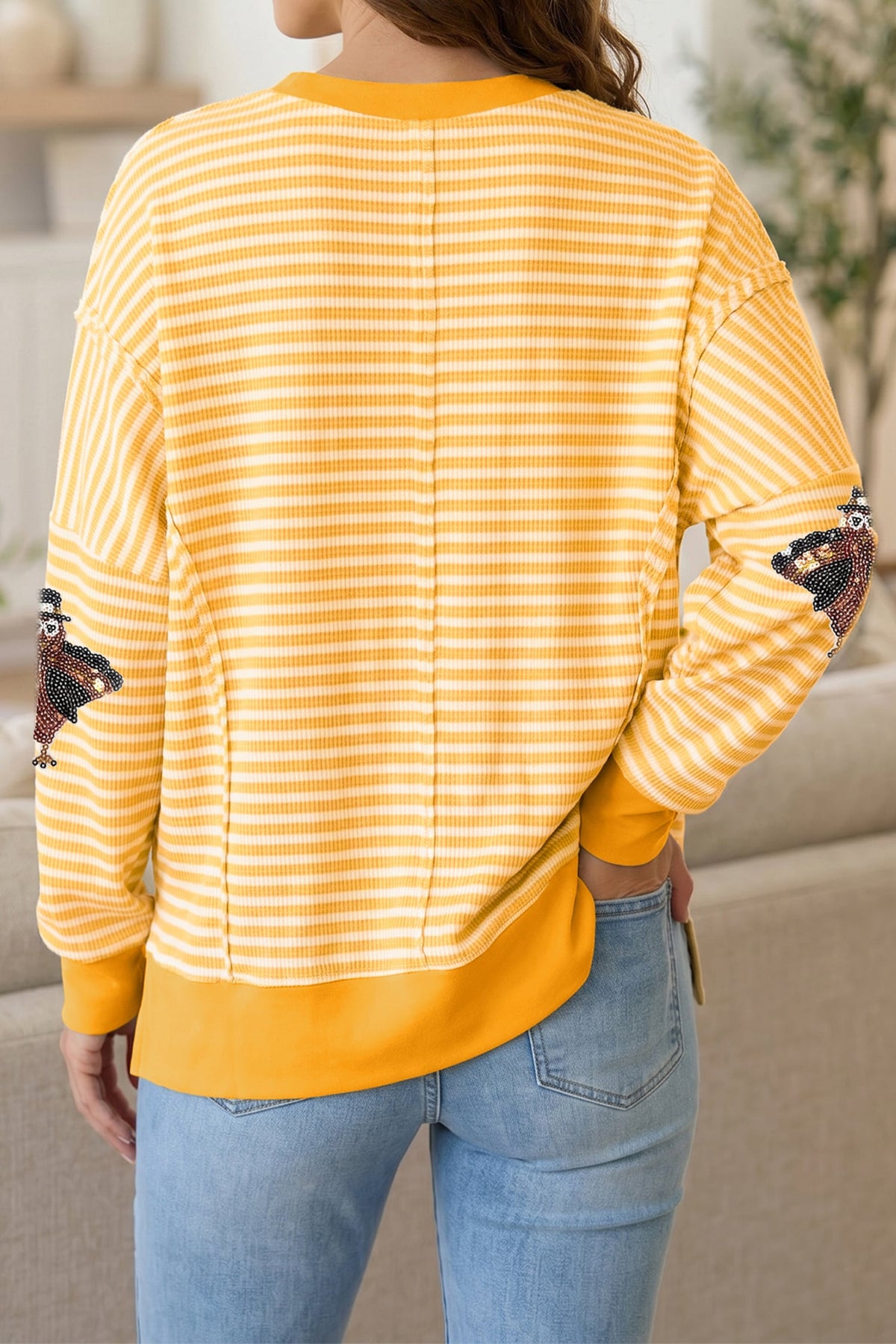 Khaki Stripe Thanksgiving Sequin Turkey Uneven Hem Pullover Top with Slits