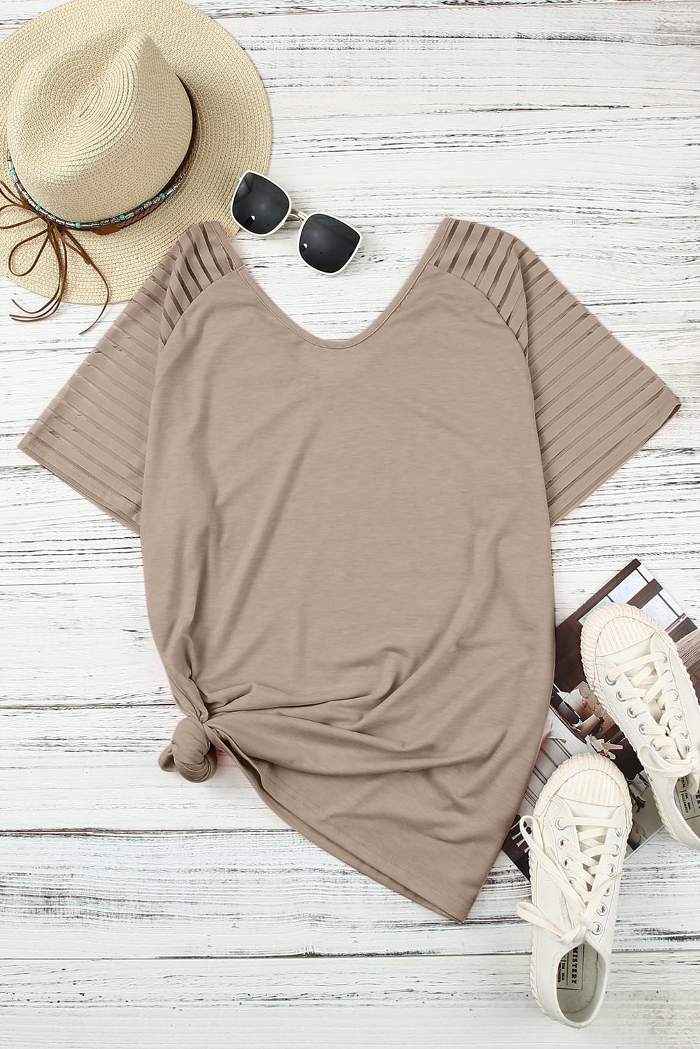 Khaki Striped Raglan Sleeve Plus Size Tee