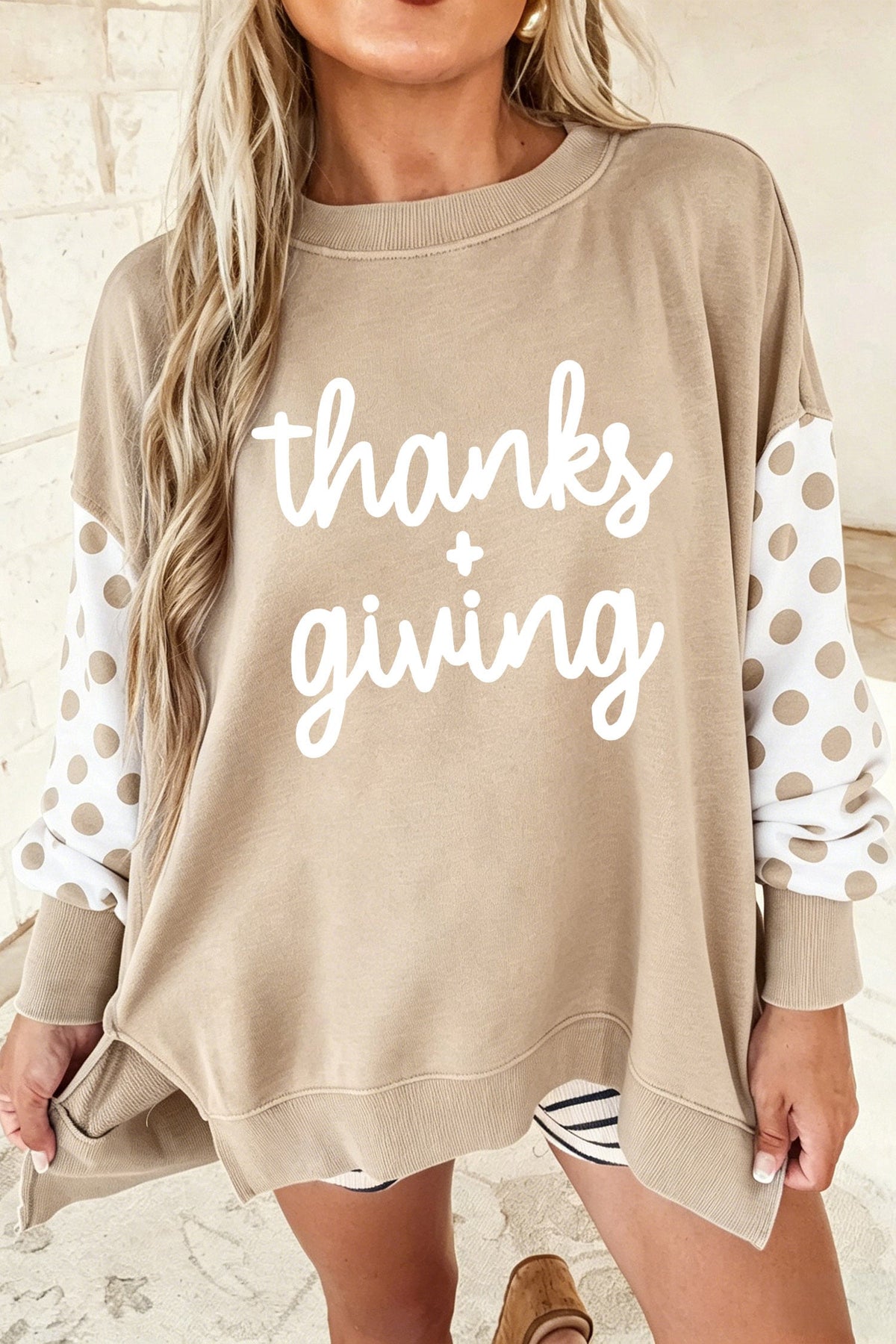 Khaki Thanksgiving Slogan Patchwork Pullover Graphic Sweatshirt