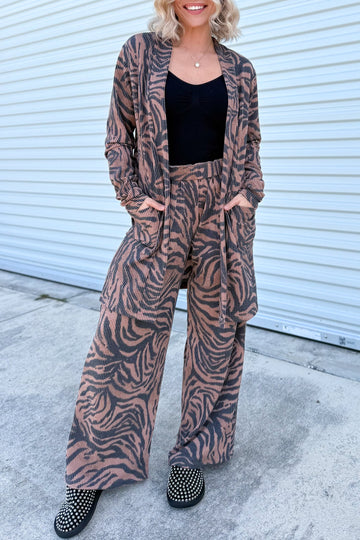 Khaki Twisted Ribbed Zebra Print Open Cardigan Wide Leg Pant Set