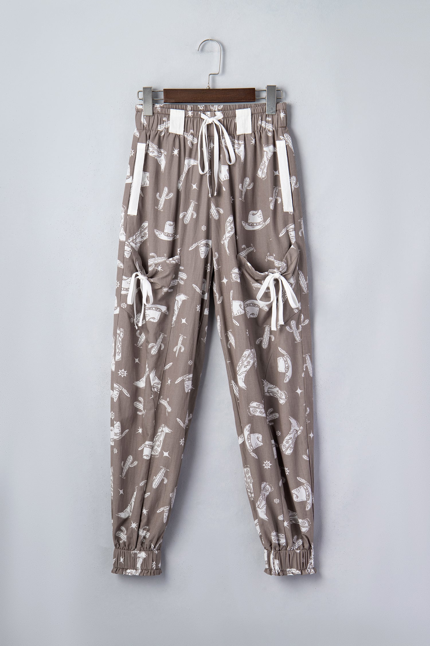 Khaki Western Cactus Cowgirl Hat Boot Printed Vintage Drawstring Jogger Pants