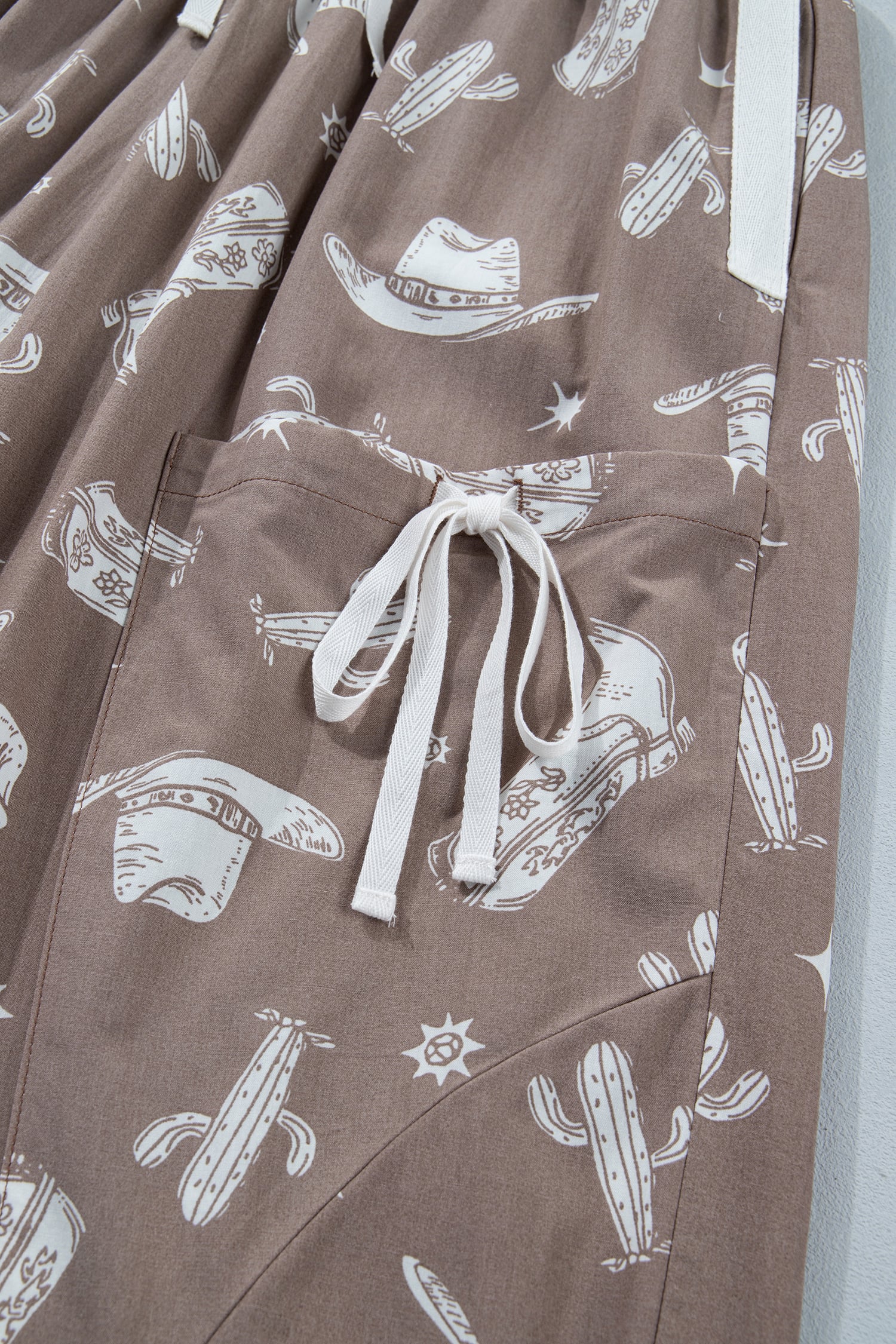Khaki Western Cactus Cowgirl Hat Boot Printed Vintage Drawstring Jogger Pants