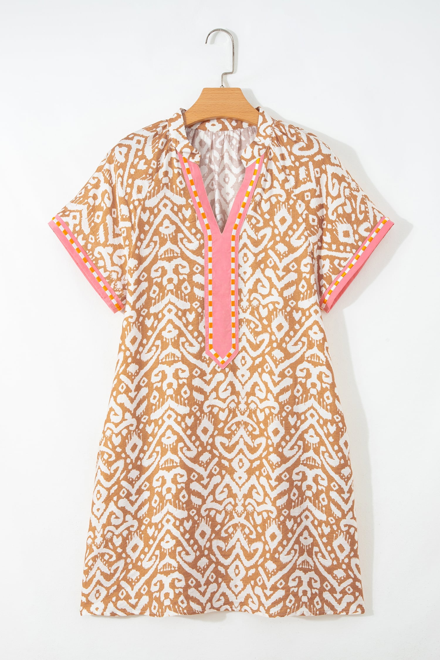 Khaki Western Fashion Print Striped Color Block Patchwork Shift Mini Dress