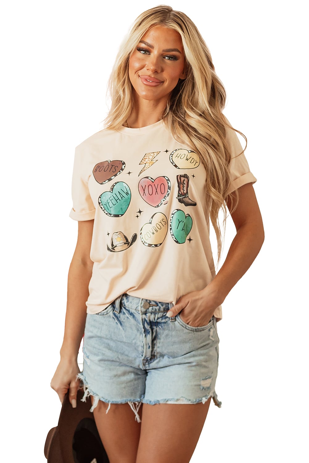 Khaki Western Fashion Valentine Graphic T-shirt