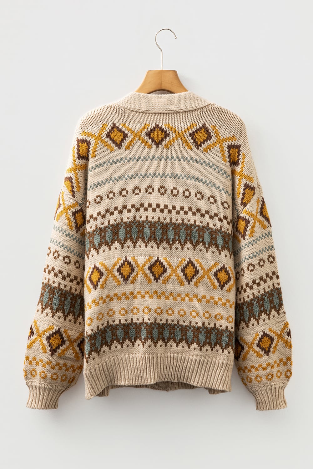 Khaki Western Pattern Knitted Button V Neck Cardigan Sweater