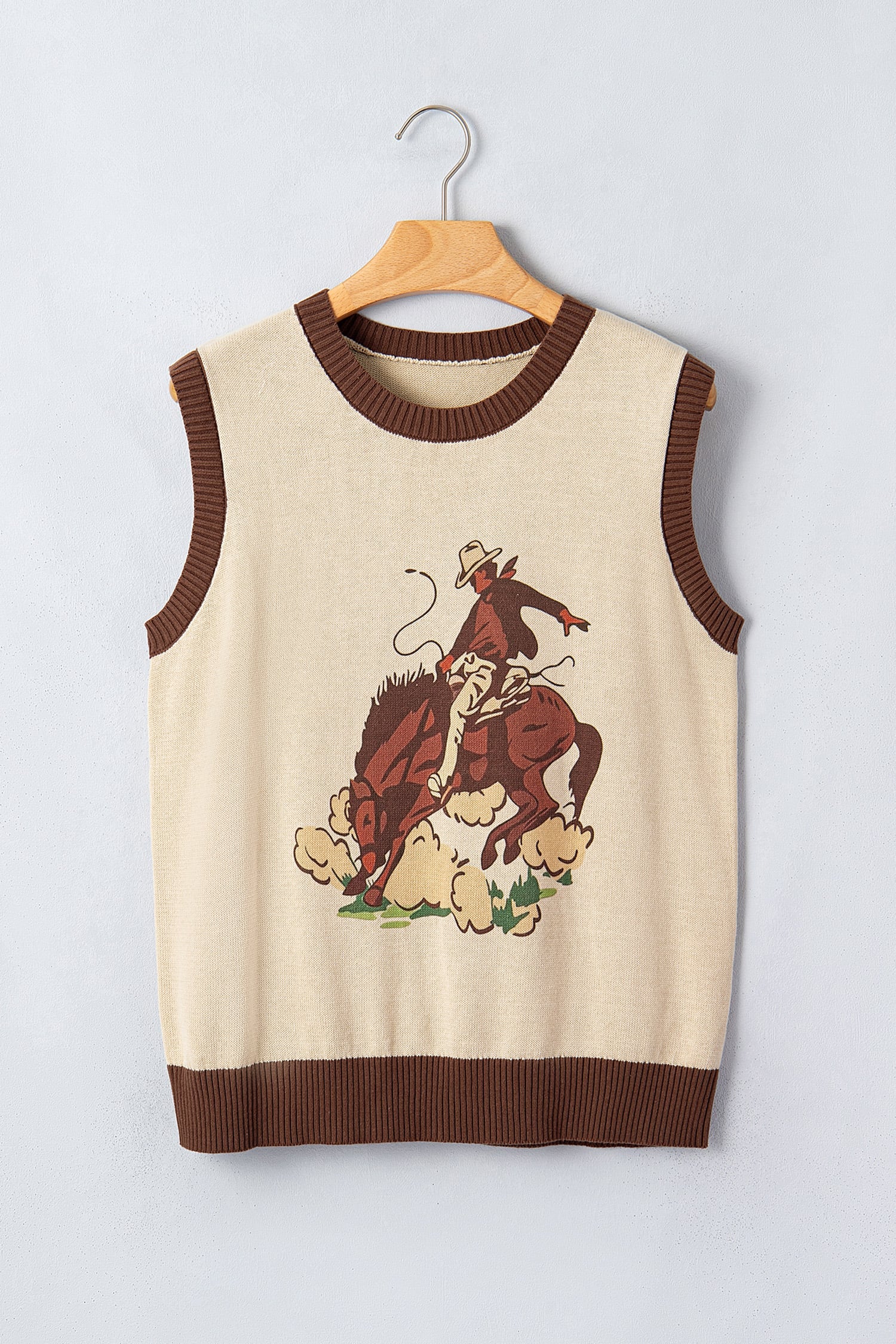 Khaki Western Print Colorblock Trim Sleeveless Knitwear Vest