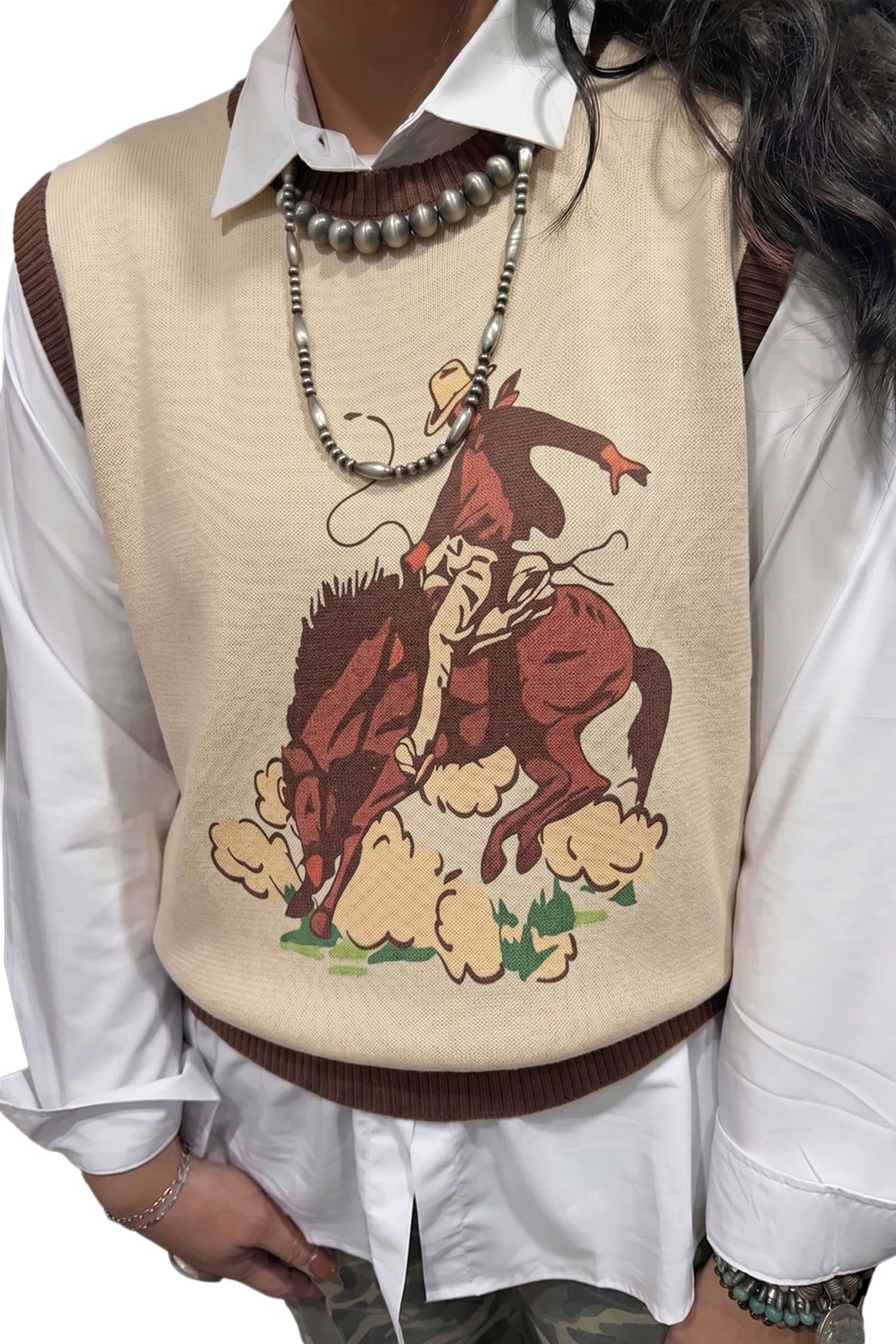 Khaki Western Print Colorblock Trim Sleeveless Knitwear Vest