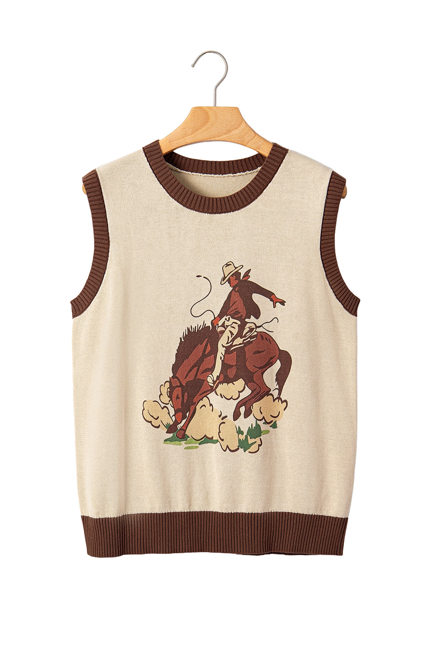 Khaki Western Print Colorblock Trim Sleeveless Knitwear Vest