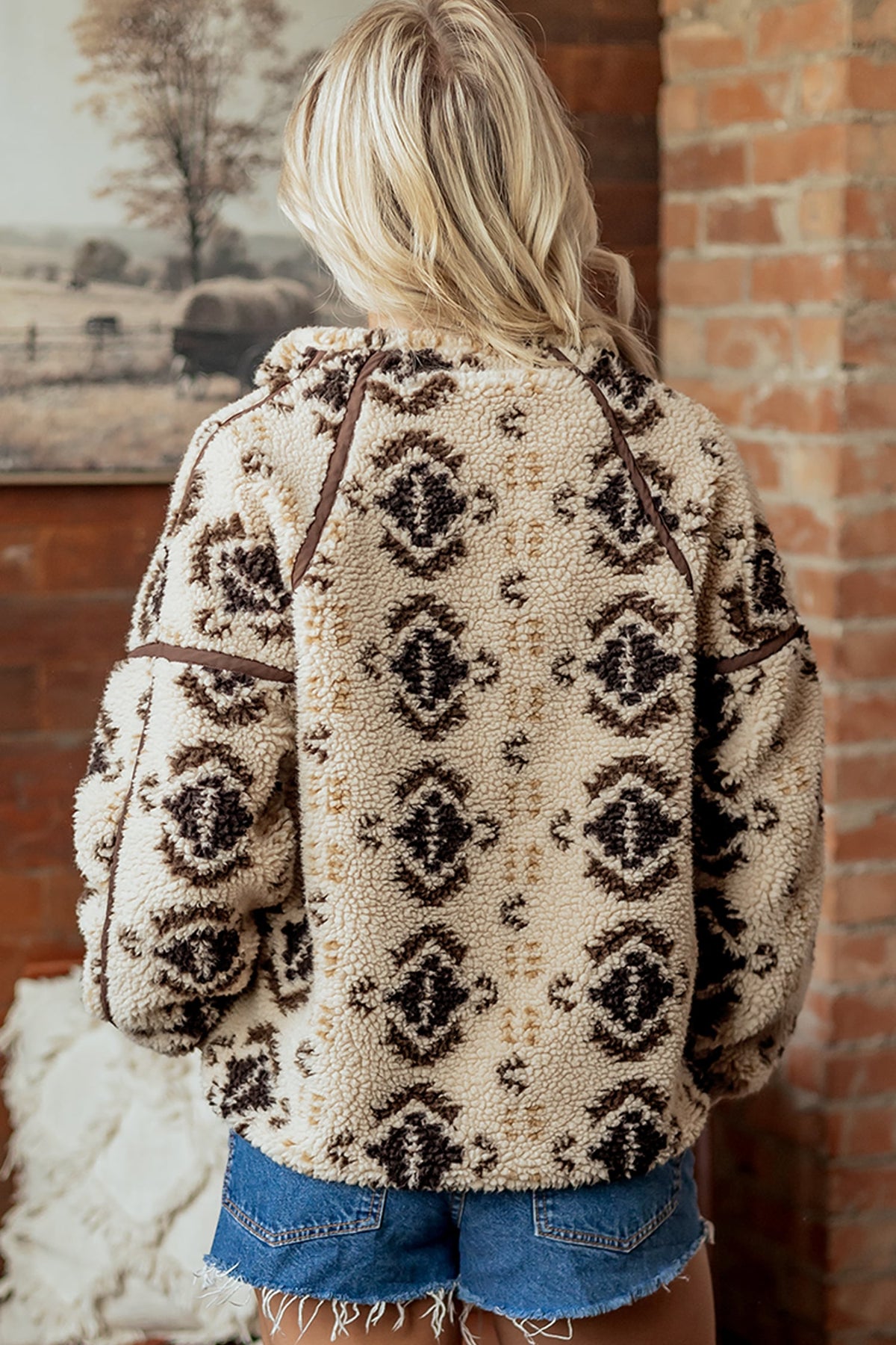 Khaki Western Print Geometric Fleece Pullover Sweatshirt