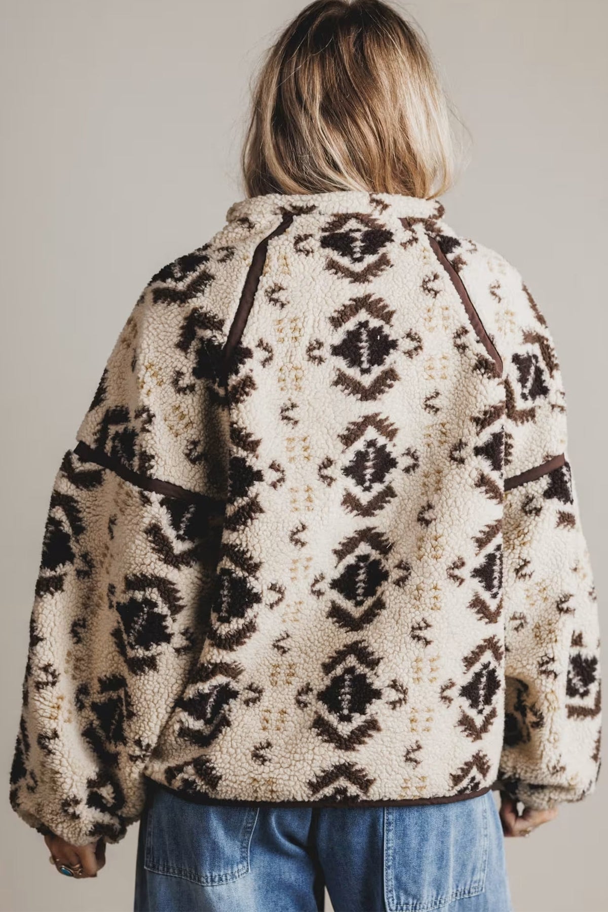 Khaki Western Print Geometric Fleece Pullover Sweatshirt