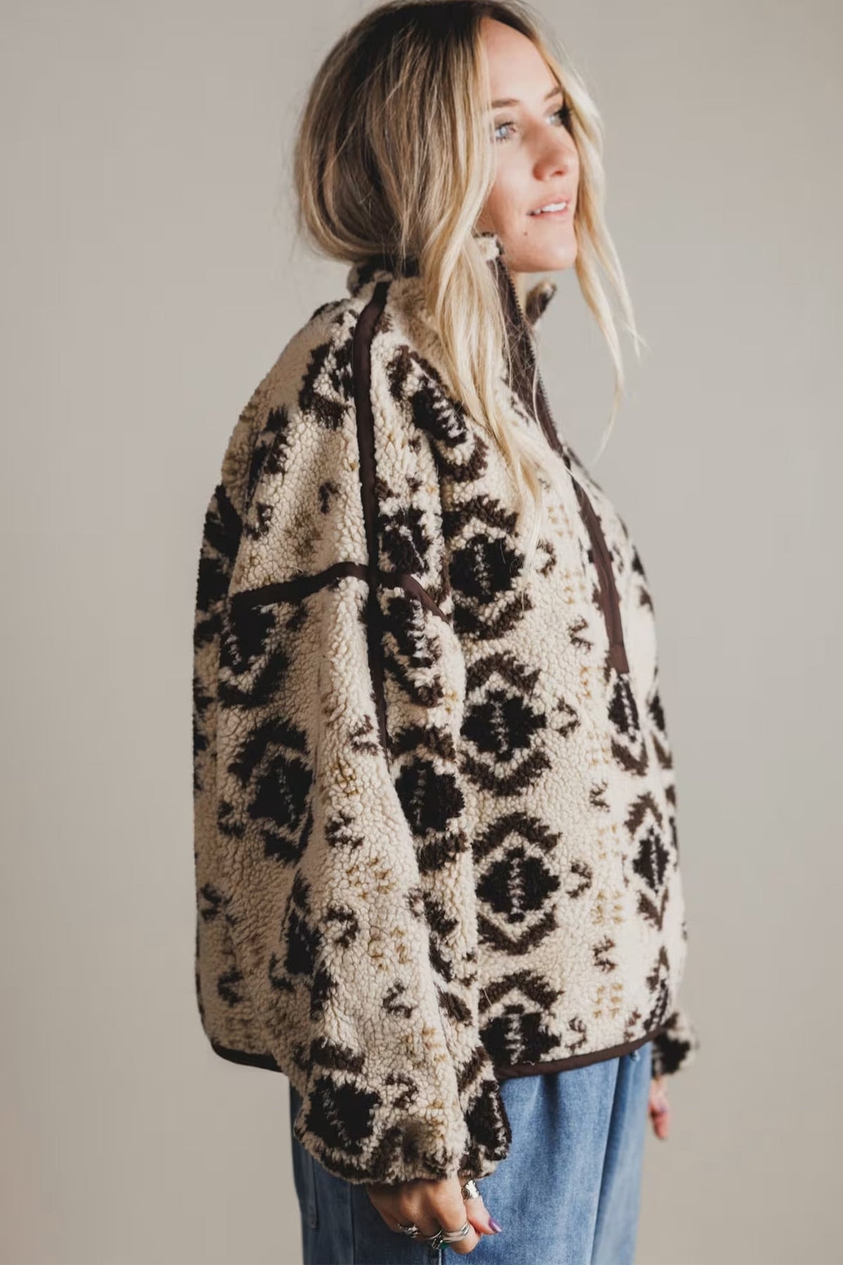 Khaki Western Print Geometric Fleece Pullover Sweatshirt
