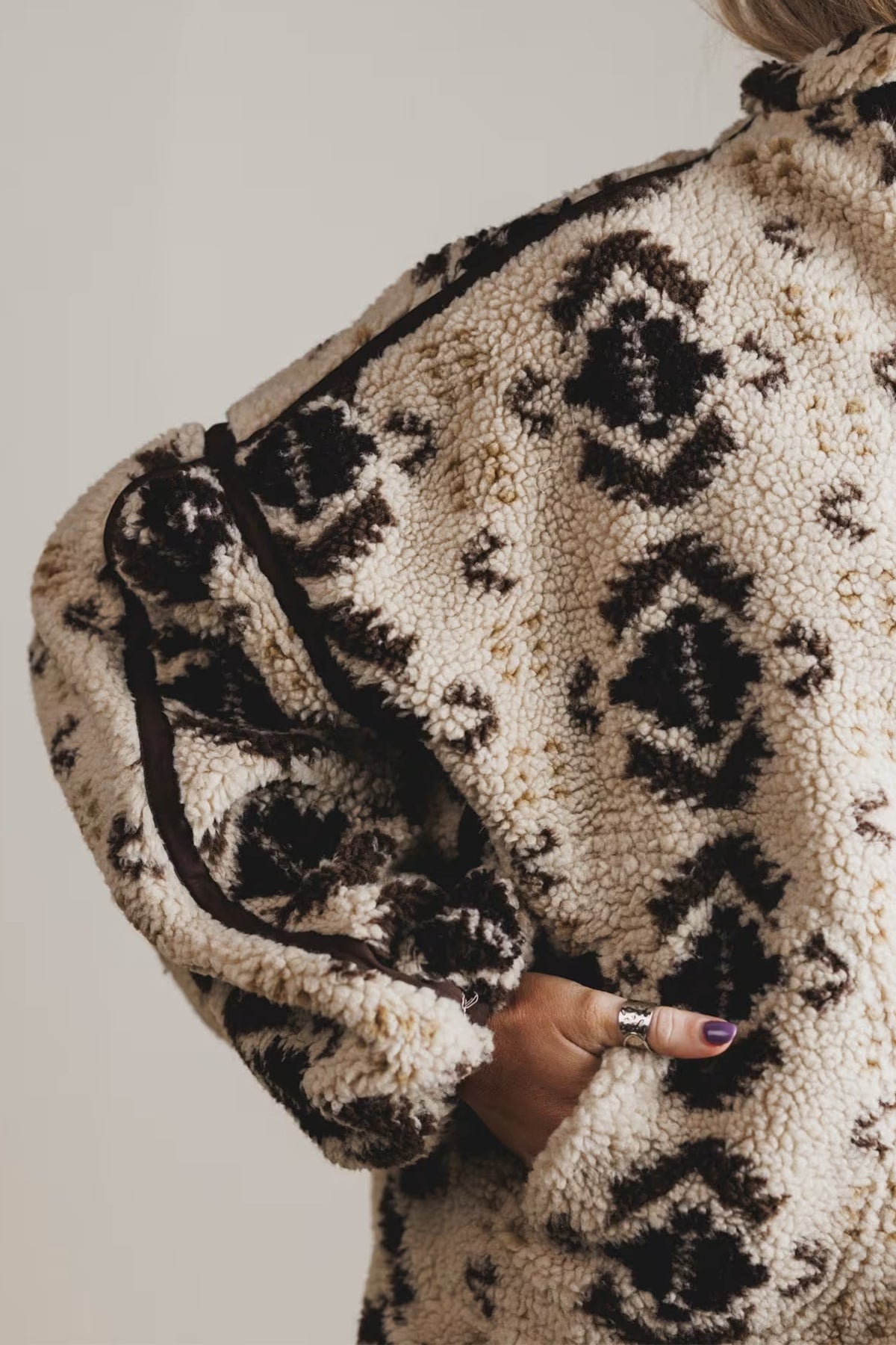 Khaki Western Print Geometric Fleece Pullover Sweatshirt