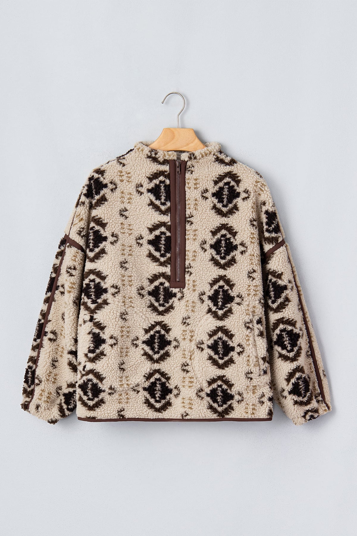 Khaki Western Print Geometric Fleece Pullover Sweatshirt