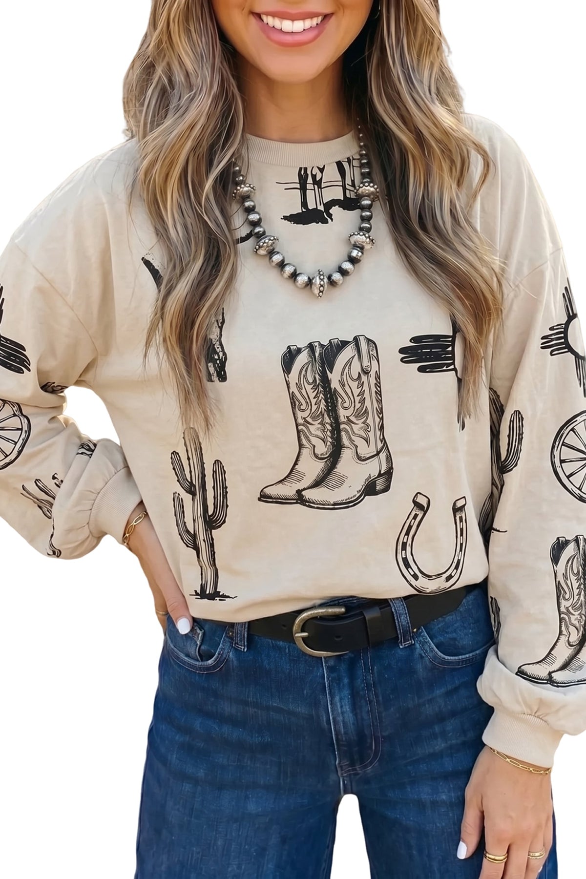 Khaki Western Print Long Sleeve Round Neck Loose Top