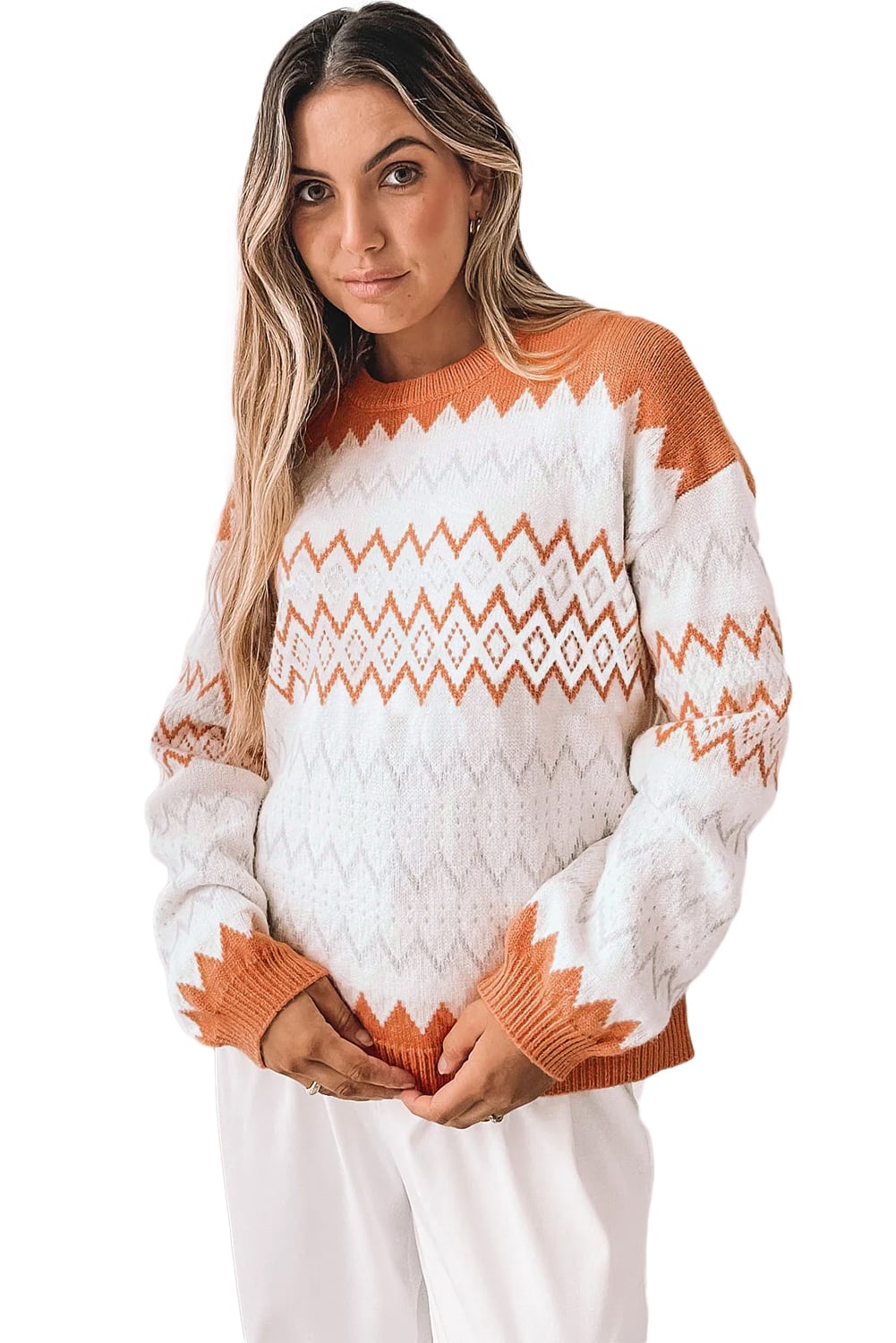 Khaki Zigzag Geometric Pattern Knitted Pullover Sweater