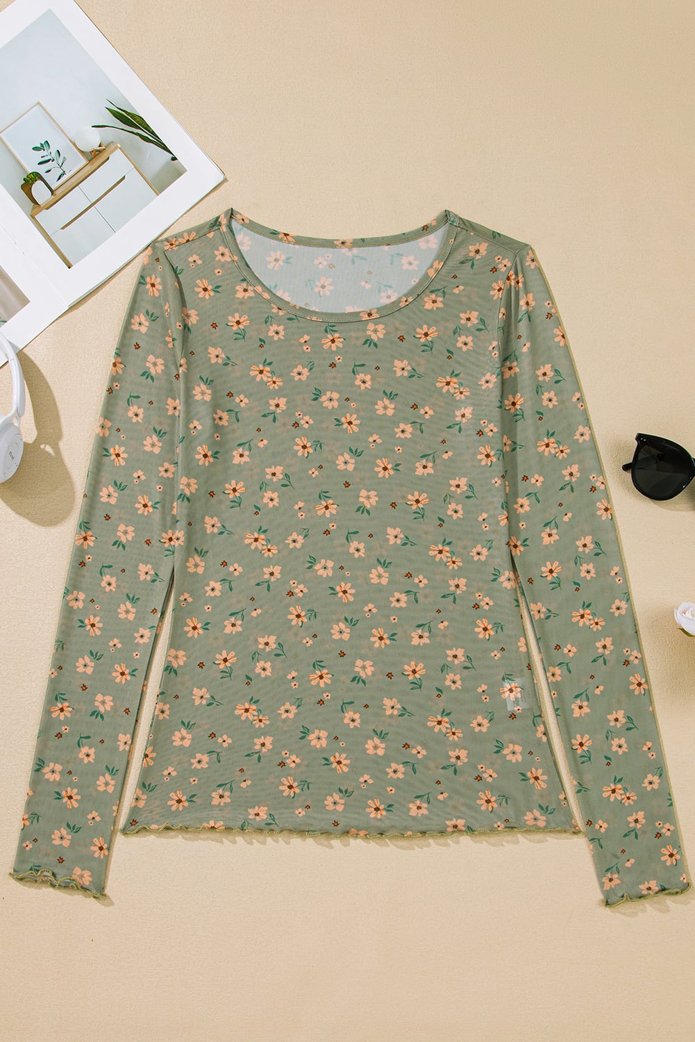 Laurel Green Vintage Floral Print Southern Style Mesh Long Sleeve Top