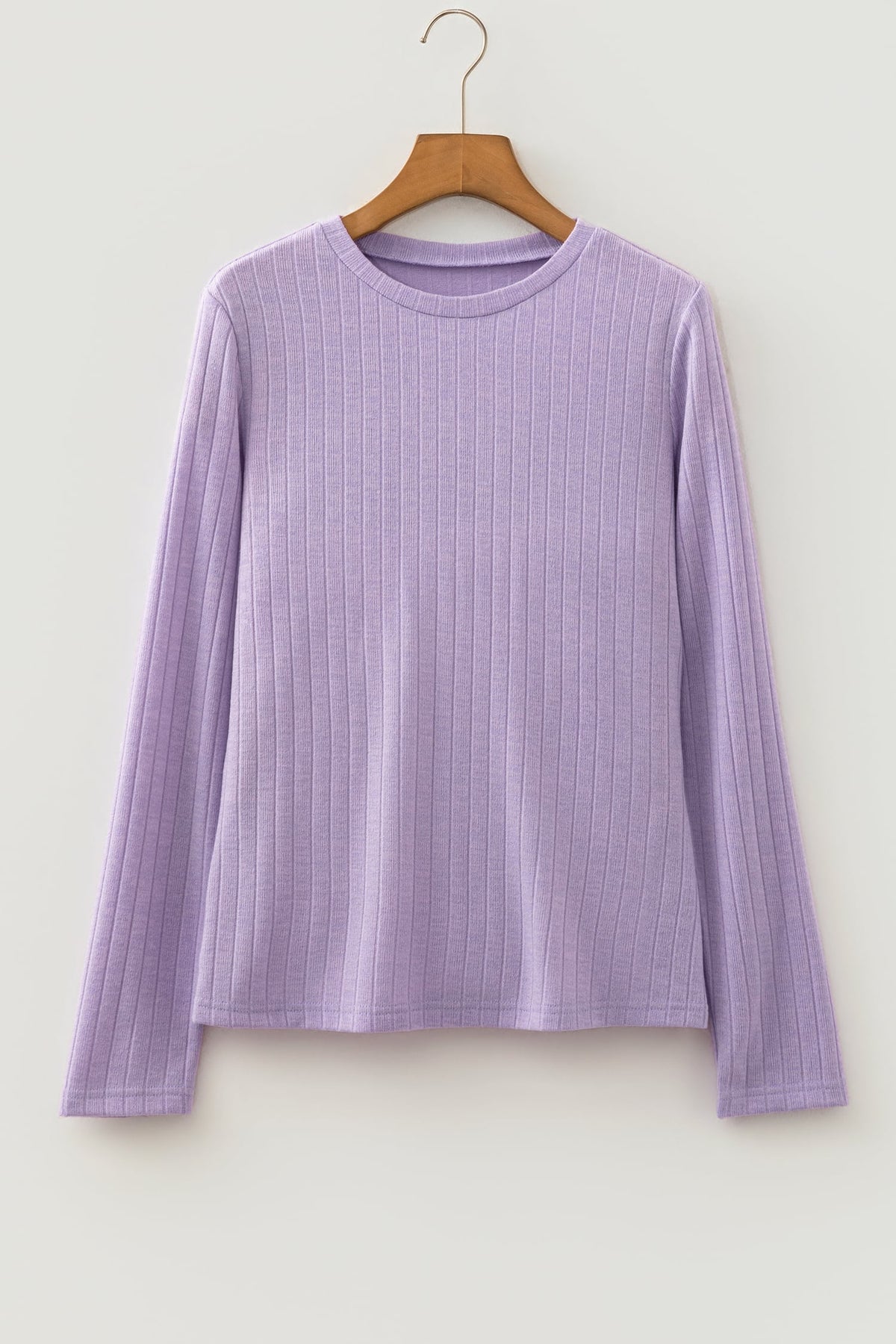Lavendula Solid Color Ribbed Texture Long Sleeve Round Neck Casual Top