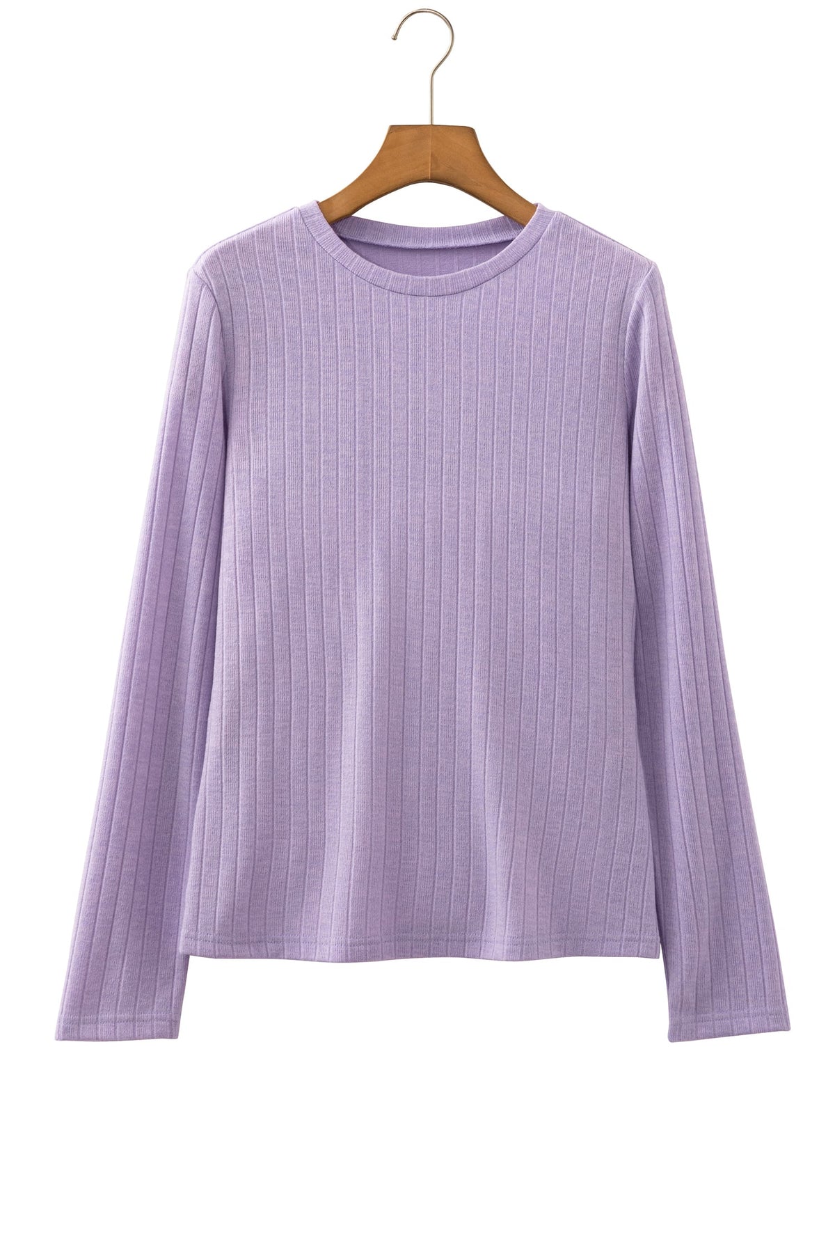 Lavendula Solid Color Ribbed Texture Long Sleeve Round Neck Casual Top