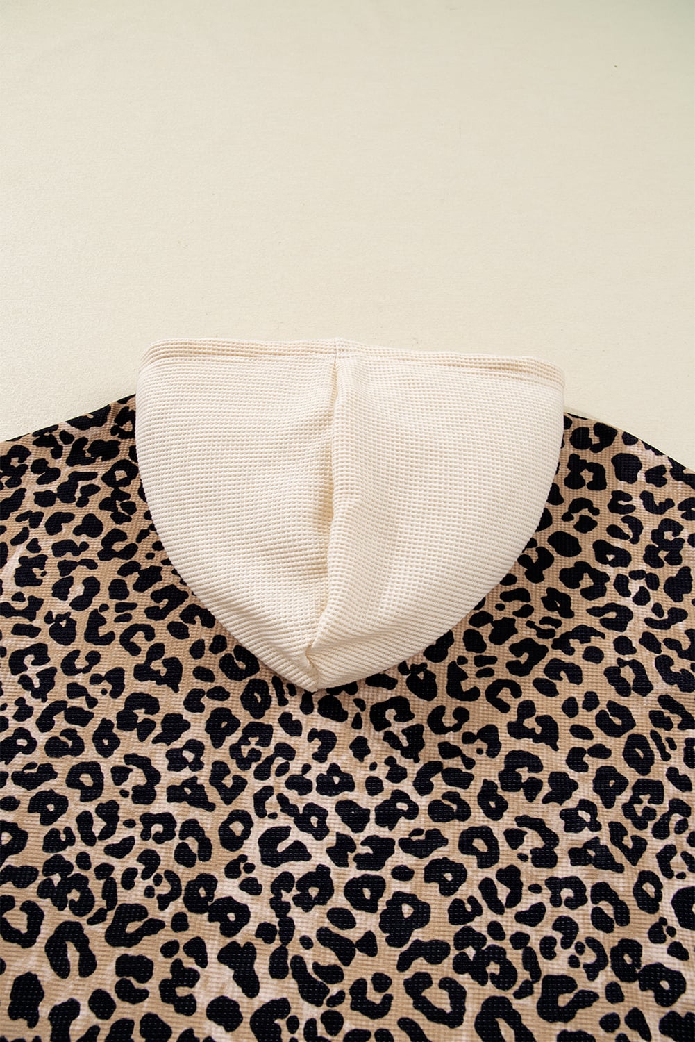 Leopard Print Waffle Contrast Kangaroo Pocket Hooded Sweatshirt