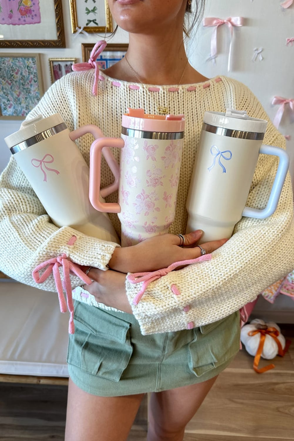 Light Blue Bow Knot Color Block Handle Tumbler 40Z