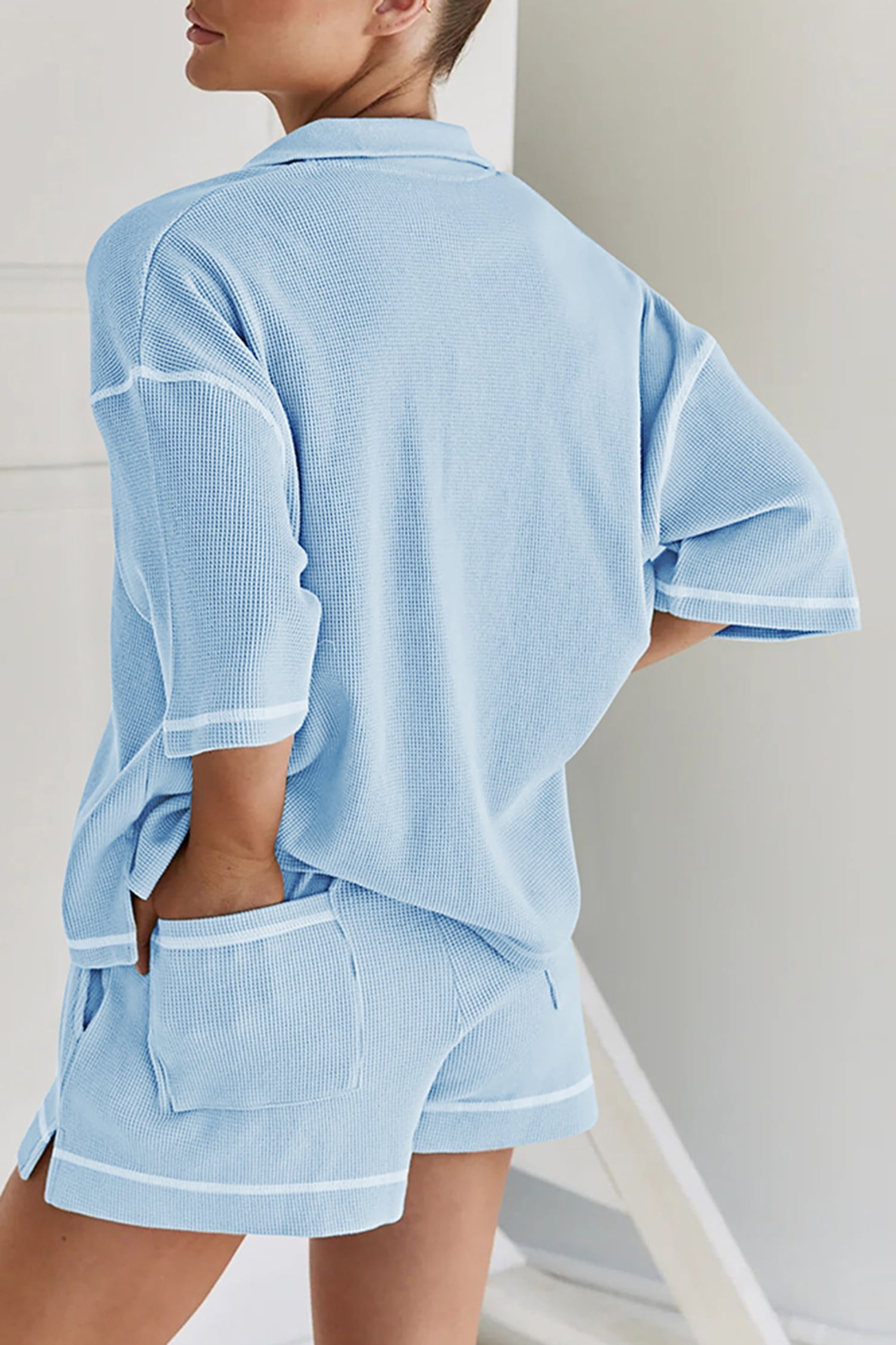 Light Blue Breathable Waffle Color Block Trim 2pcs Casual Short Set
