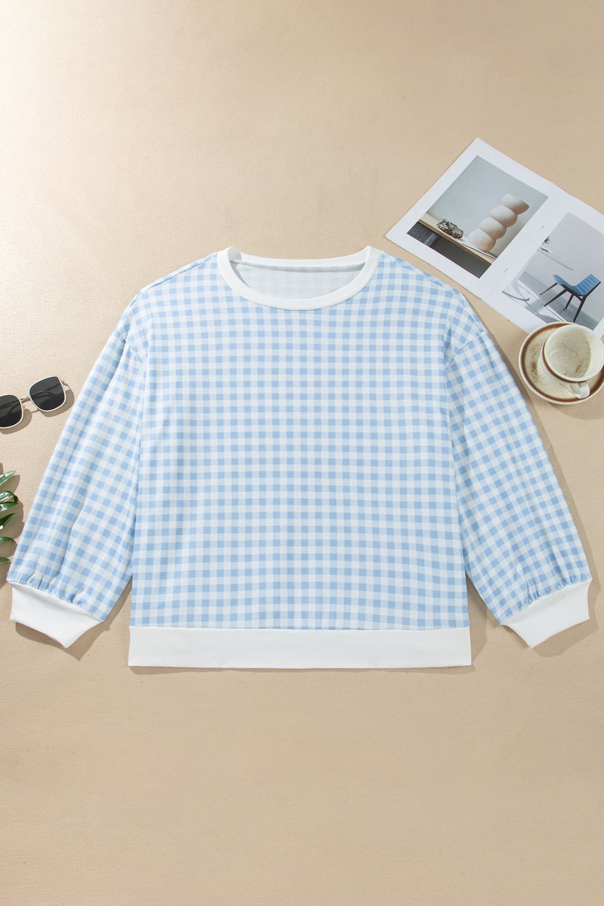Light Blue Casual Plus Size Plaid Sweatshirt