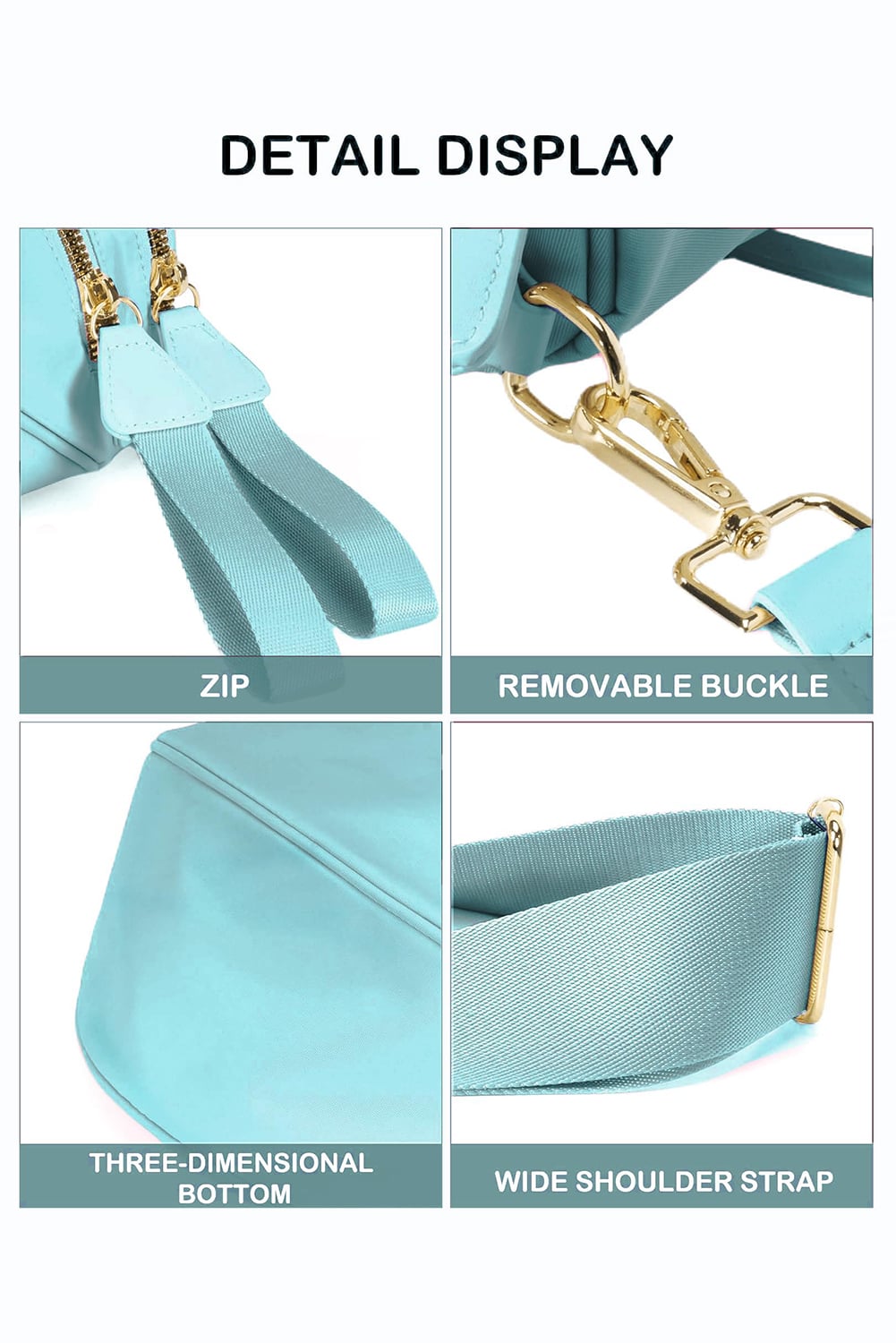 Light Blue Double Zip Crescent Shape Adjustable Sling Bag