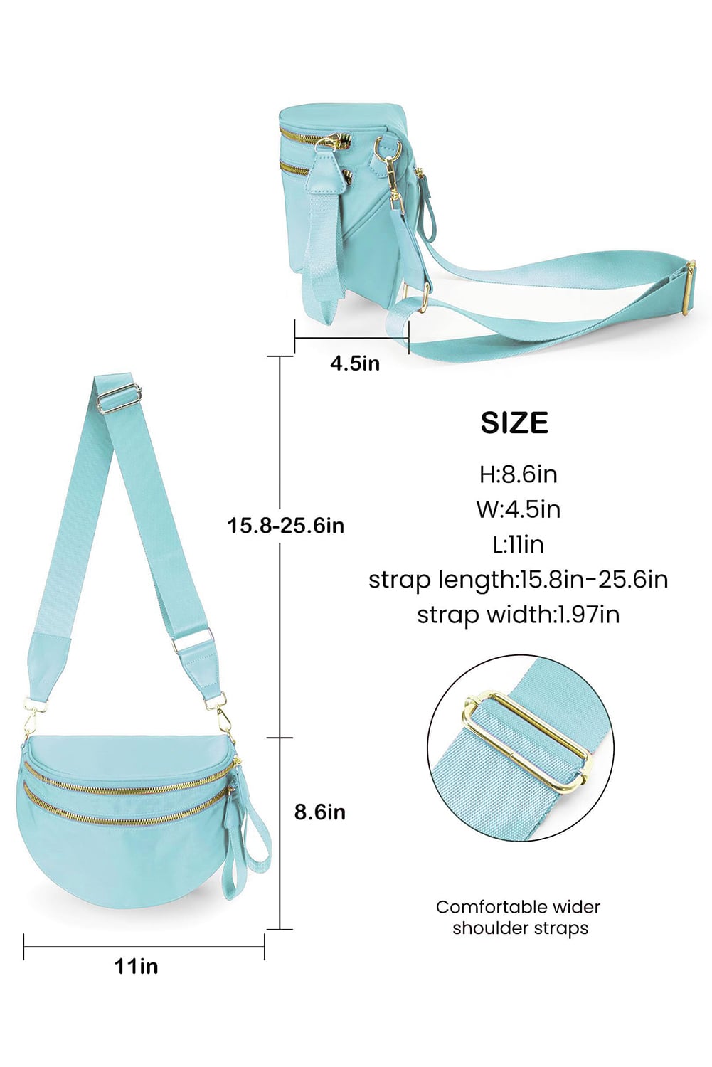 Light Blue Double Zip Crescent Shape Adjustable Sling Bag