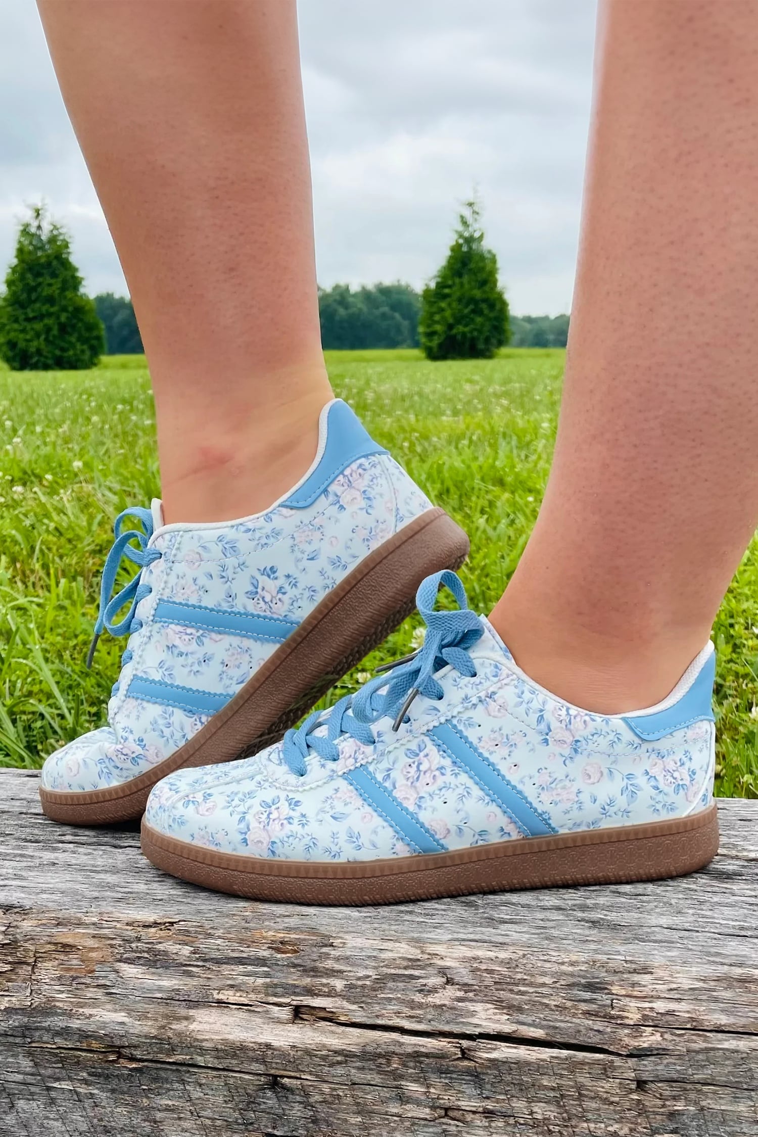 Light Blue Floral Print Lace-up PU Leather Flat Shoes
