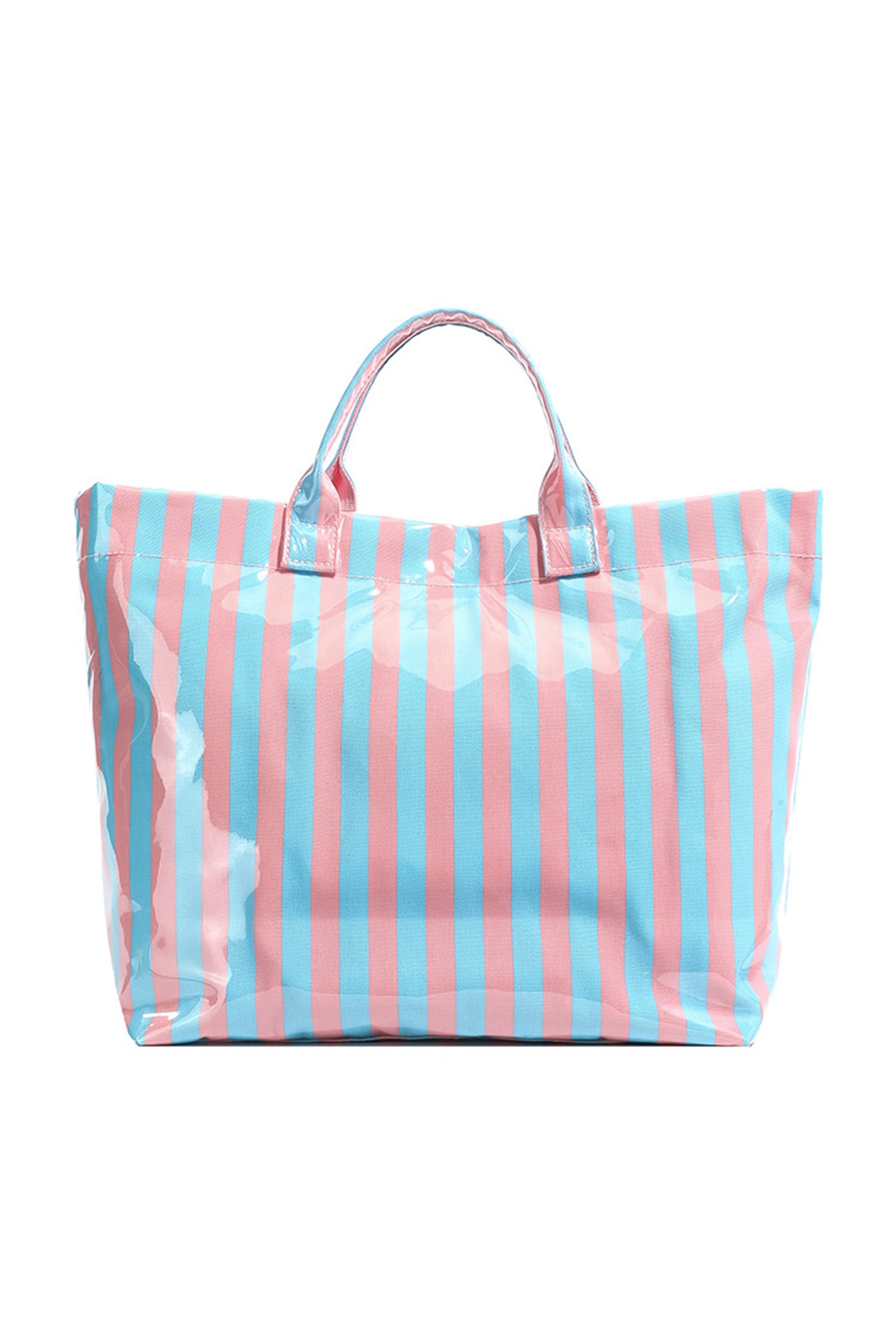 Light Blue Glossy Striped Vinyl Large Tote Bag (Color Varied)
