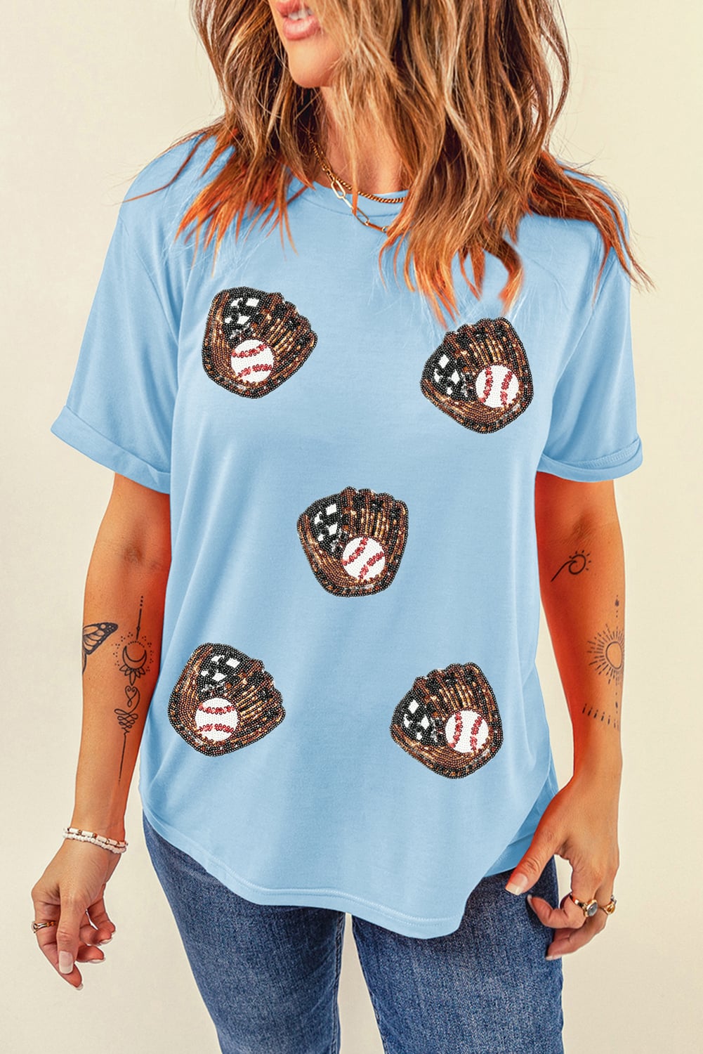 Light Blue Gopher Ball Sequin Patched Casual T Shirt