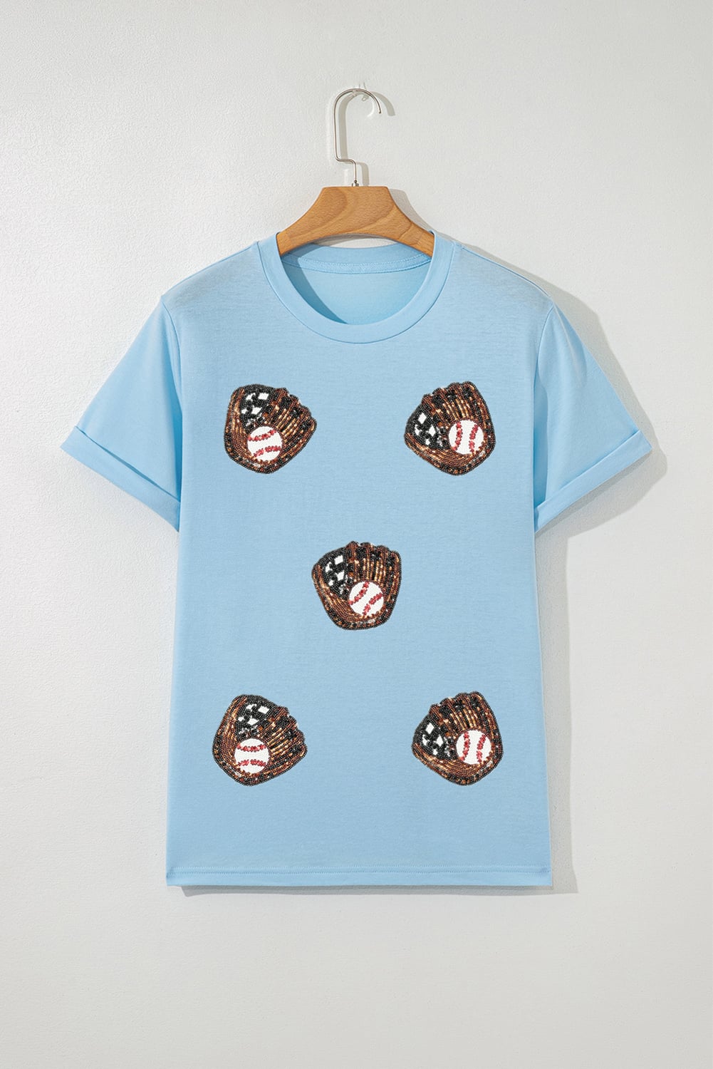 Light Blue Gopher Ball Sequin Patched Casual T Shirt