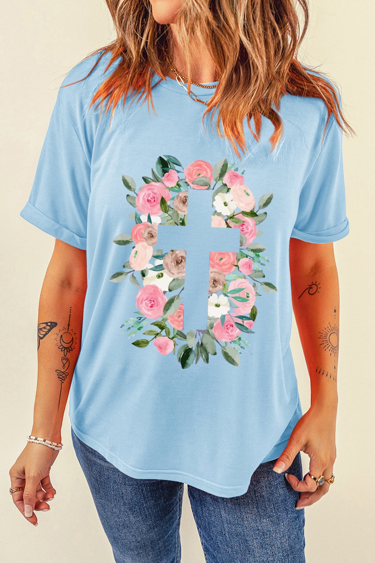 Light Blue Floral Printed Faith Easter Graphic Tee