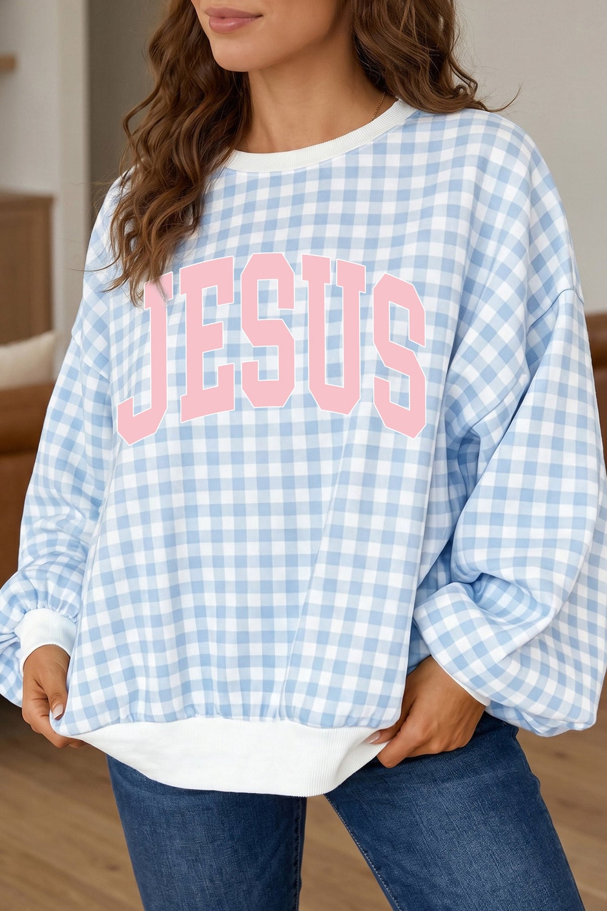 Light Blue Jesus Plaid Crewneck Long Sleeve Pullover Sweatshirt