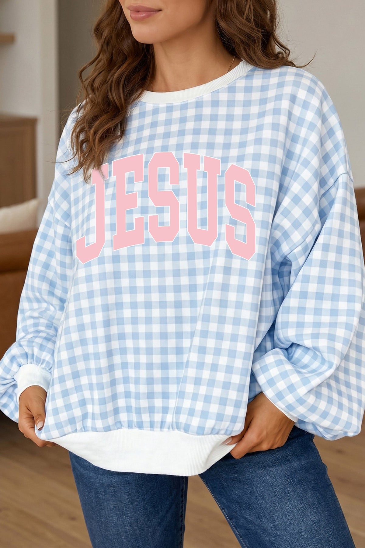 Light Blue Jesus Plaid Crewneck Long Sleeve Pullover Sweatshirt