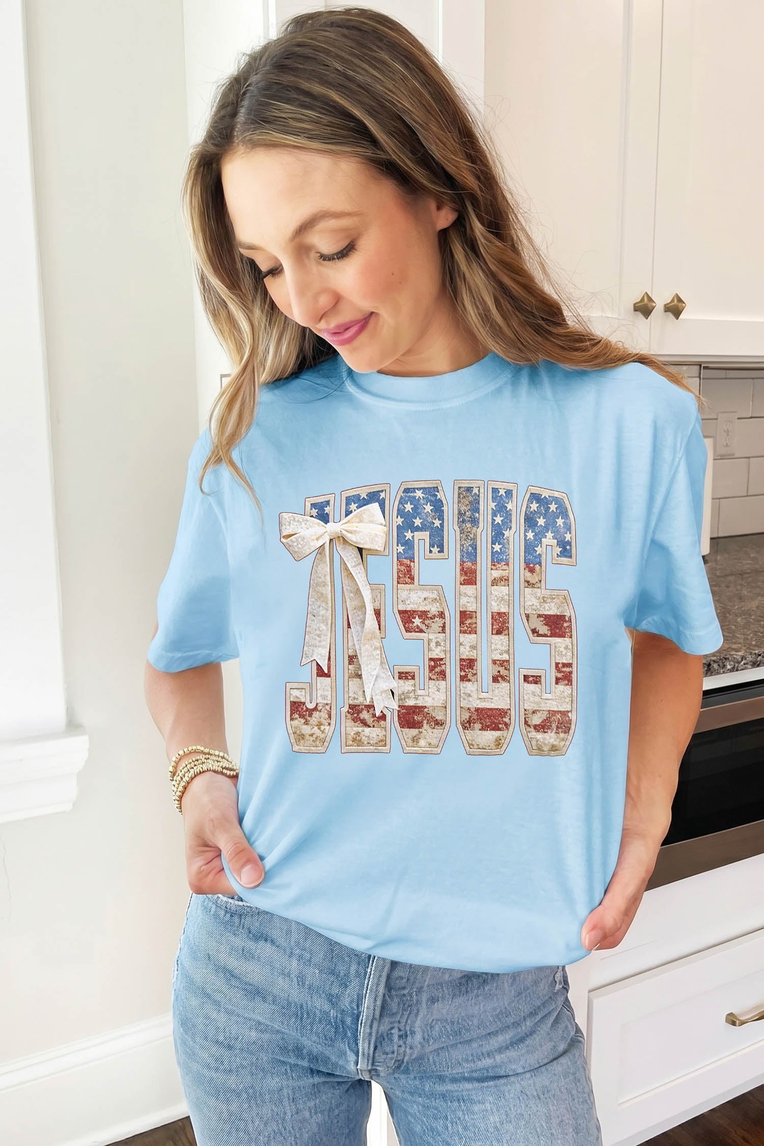 Light Blue Patriotic JESUS Letter Print Shift T Shirt