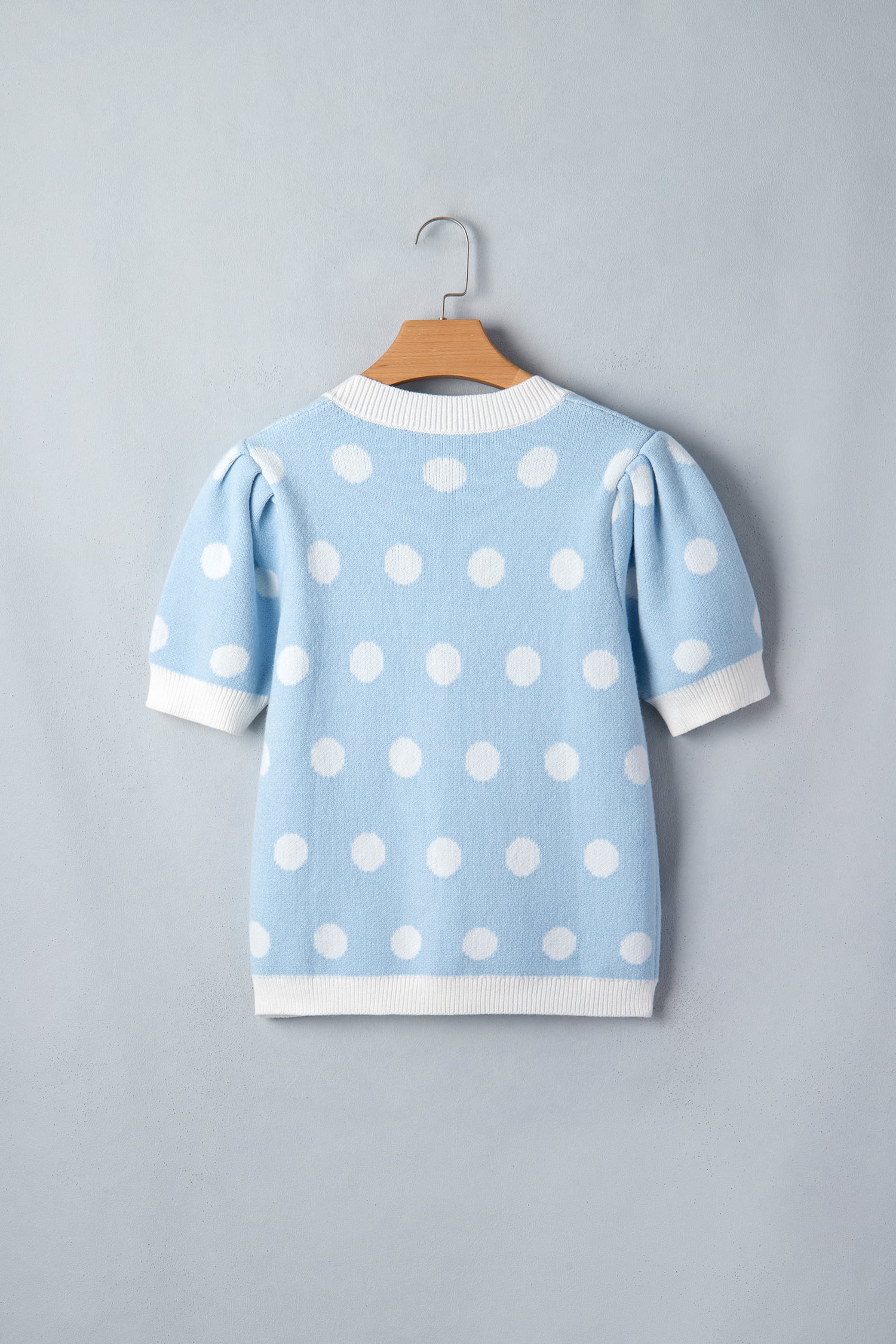 Light Blue Polka Dot Puff Short Sleeve Sweater Top