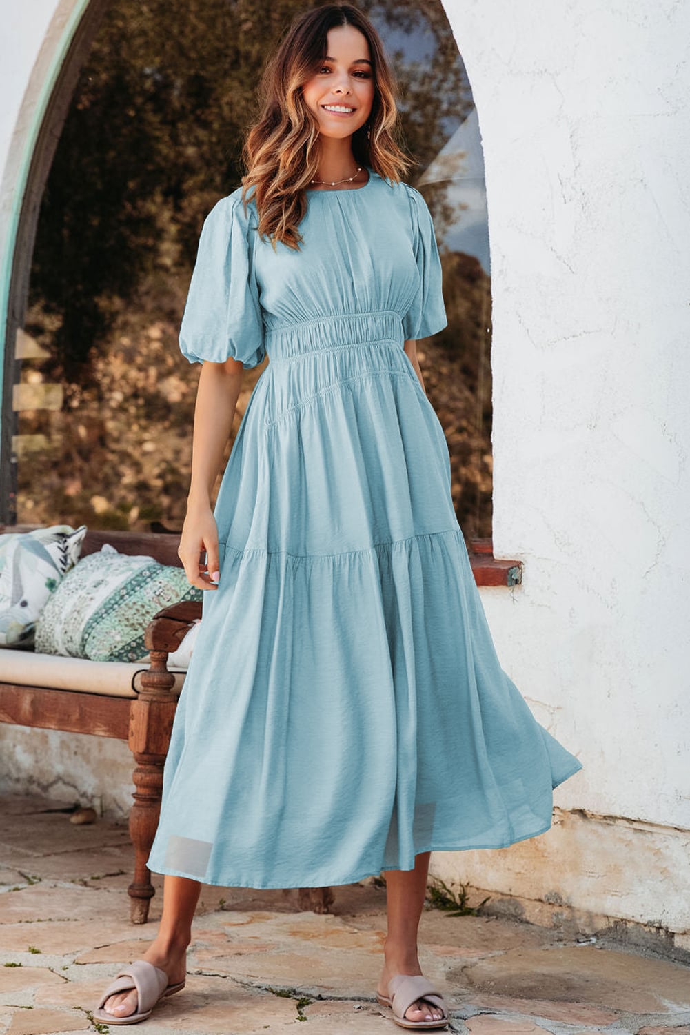 Light Blue Puff Sleeve Pleated High Waist Flowy Midi Dress