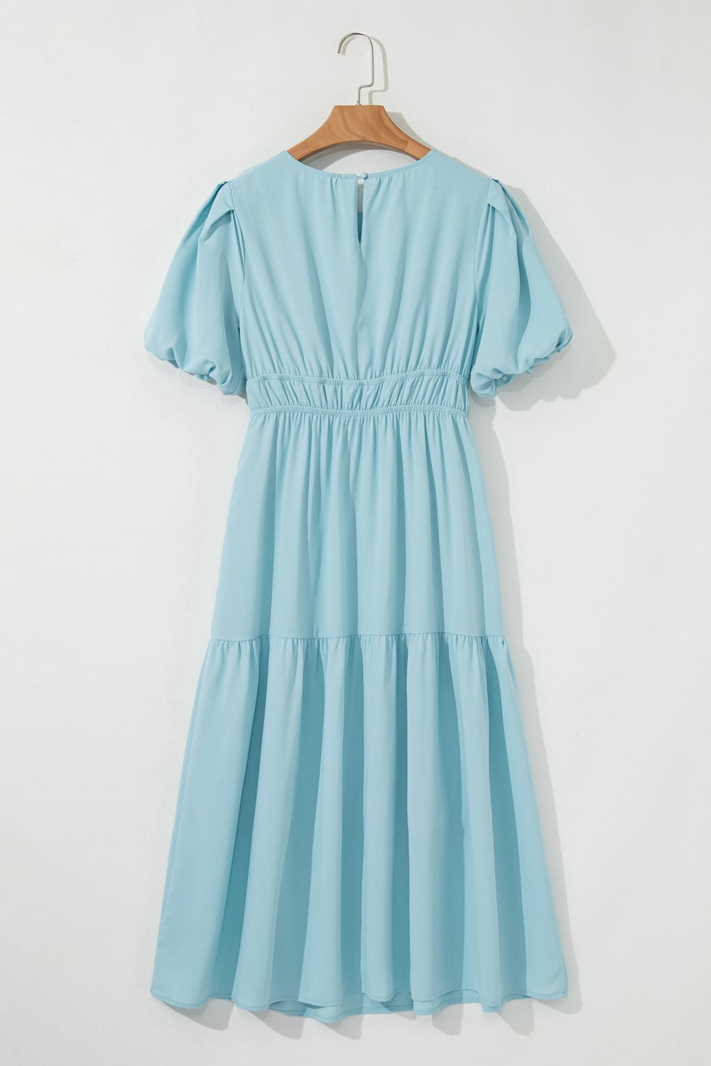 Light Blue Puff Sleeve Pleated High Waist Flowy Midi Dress