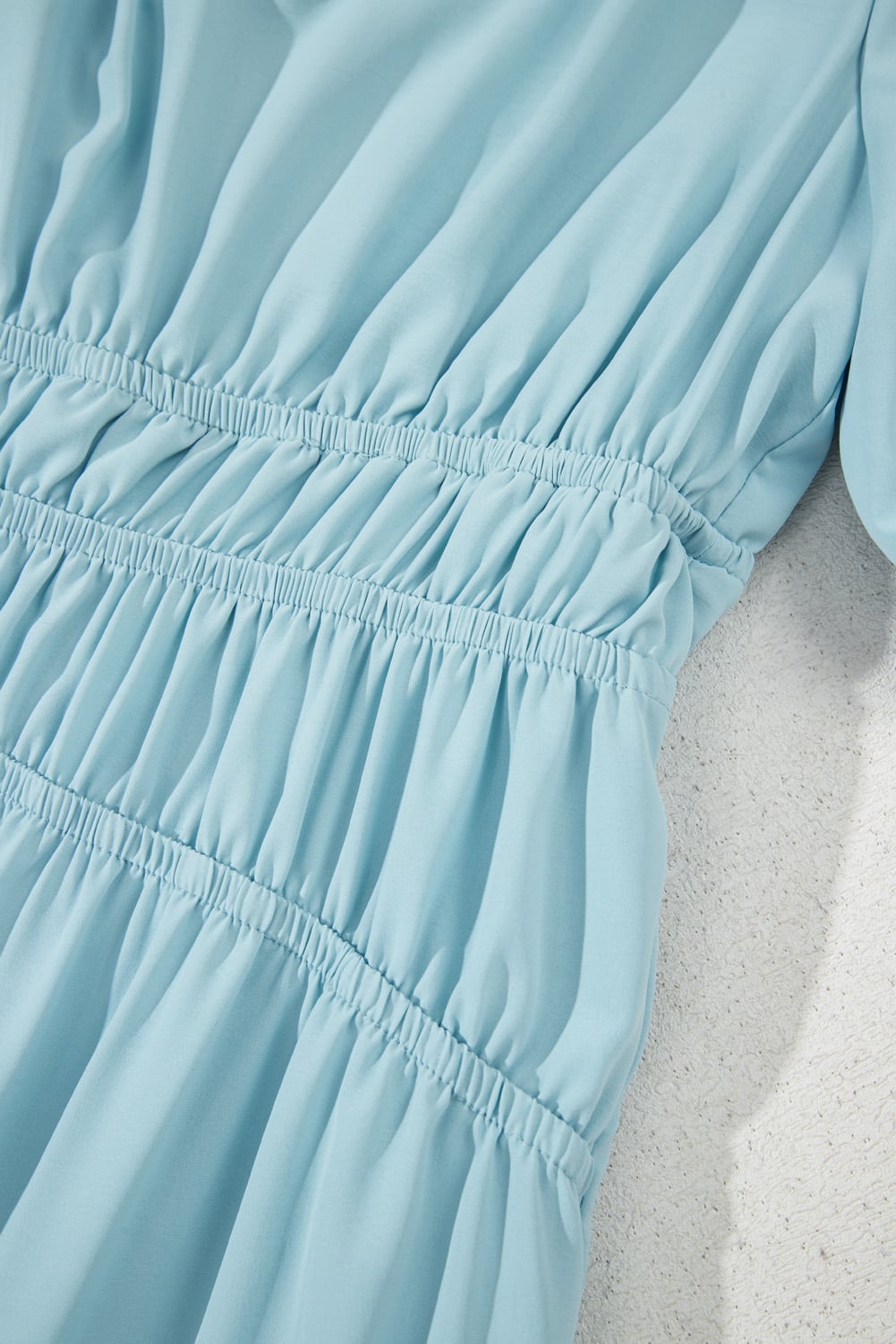 Light Blue Puff Sleeve Pleated High Waist Flowy Midi Dress