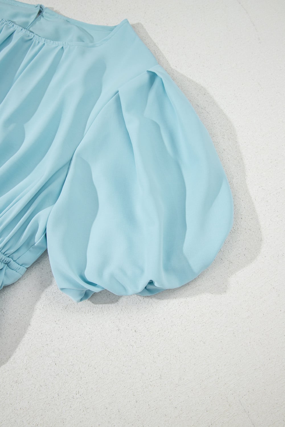 Light Blue Puff Sleeve Pleated High Waist Flowy Midi Dress