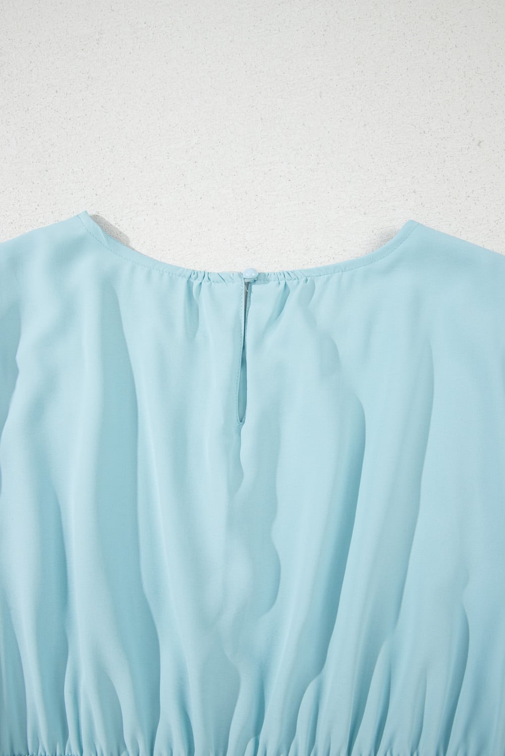 Light Blue Puff Sleeve Pleated High Waist Flowy Midi Dress