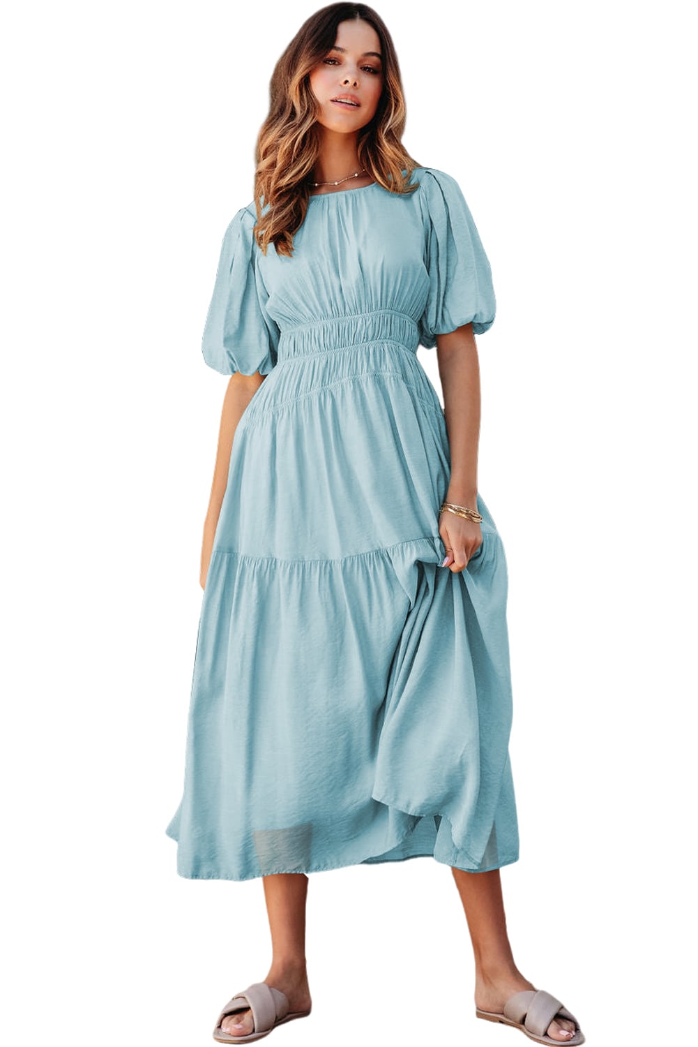 Light Blue Puff Sleeve Pleated High Waist Flowy Midi Dress