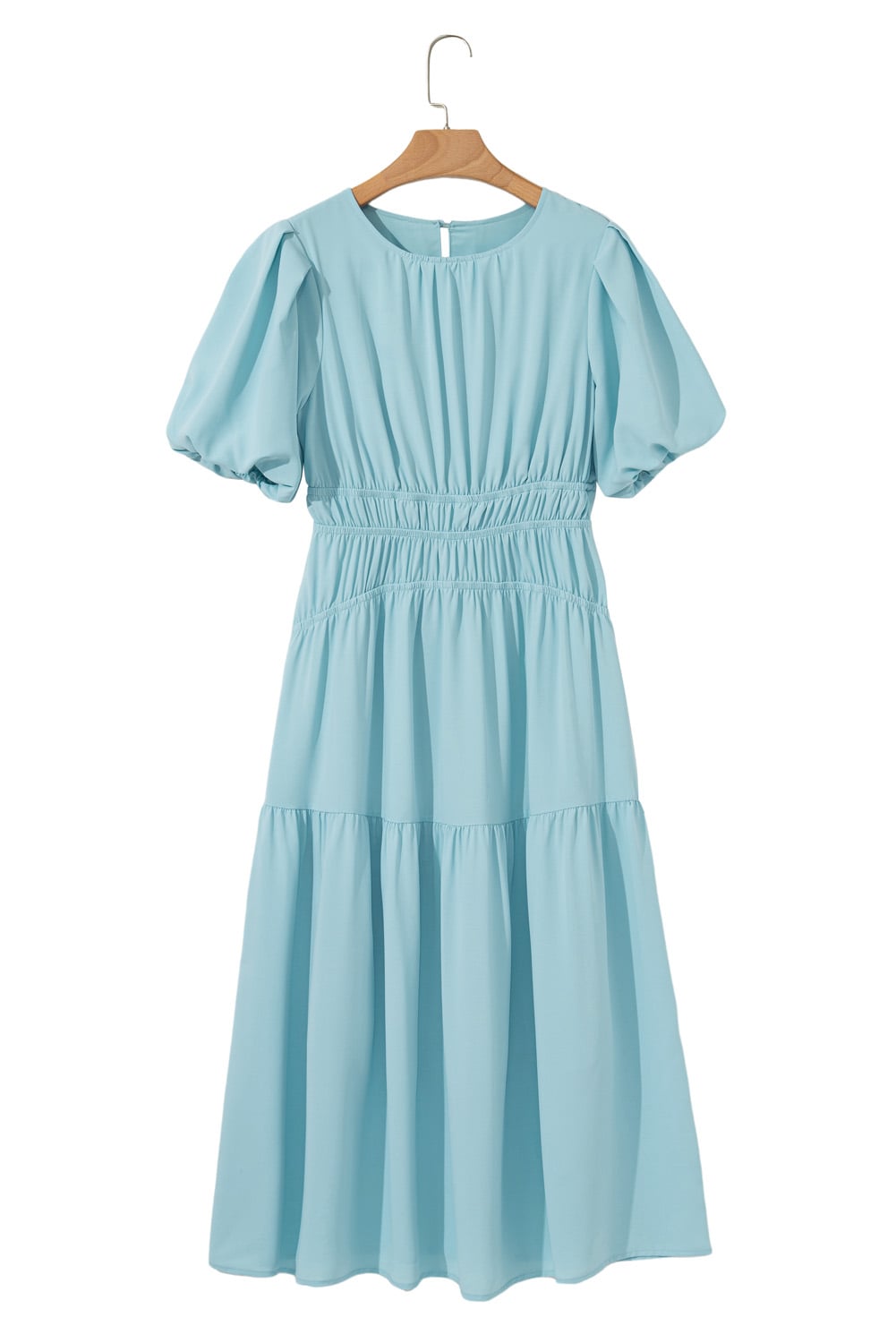 Light Blue Puff Sleeve Pleated High Waist Flowy Midi Dress