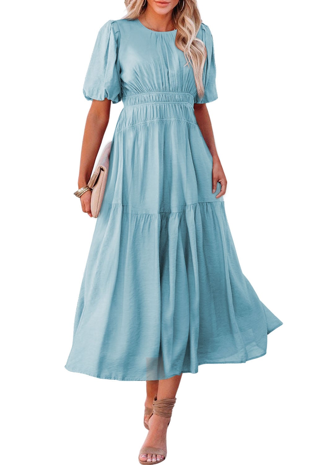 Light Blue Puff Sleeve Pleated High Waist Flowy Midi Dress