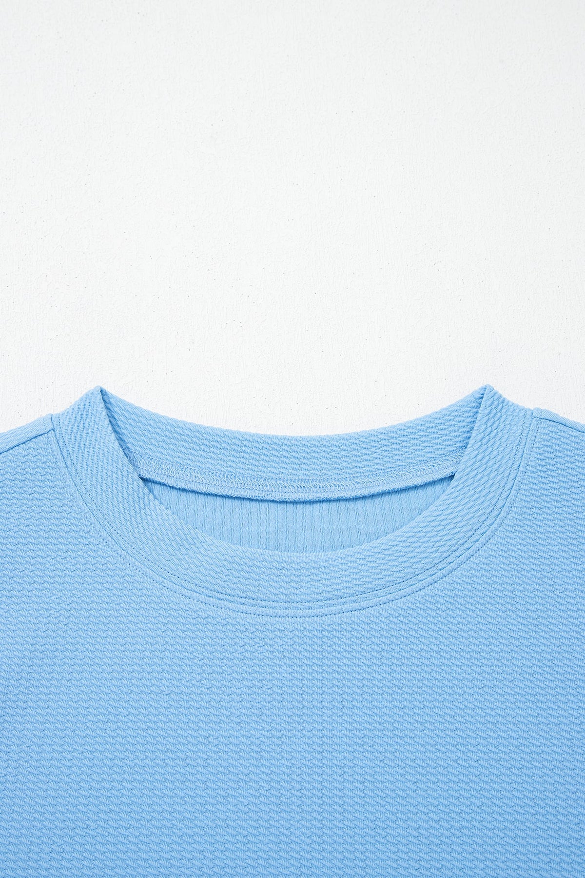 Light Blue Round Neck Textured Contrast Floral Bubble Sleeve Blouse