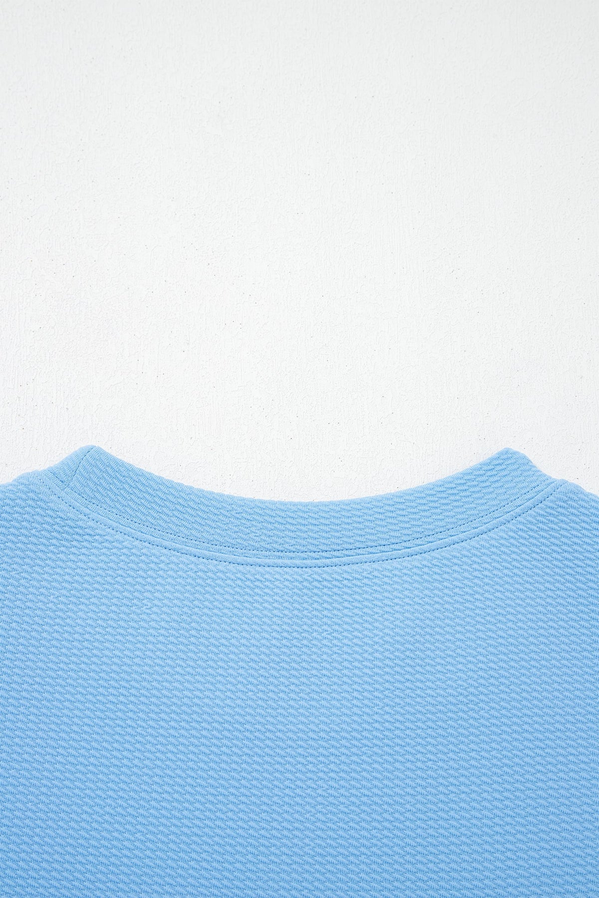 Light Blue Round Neck Textured Contrast Floral Bubble Sleeve Blouse